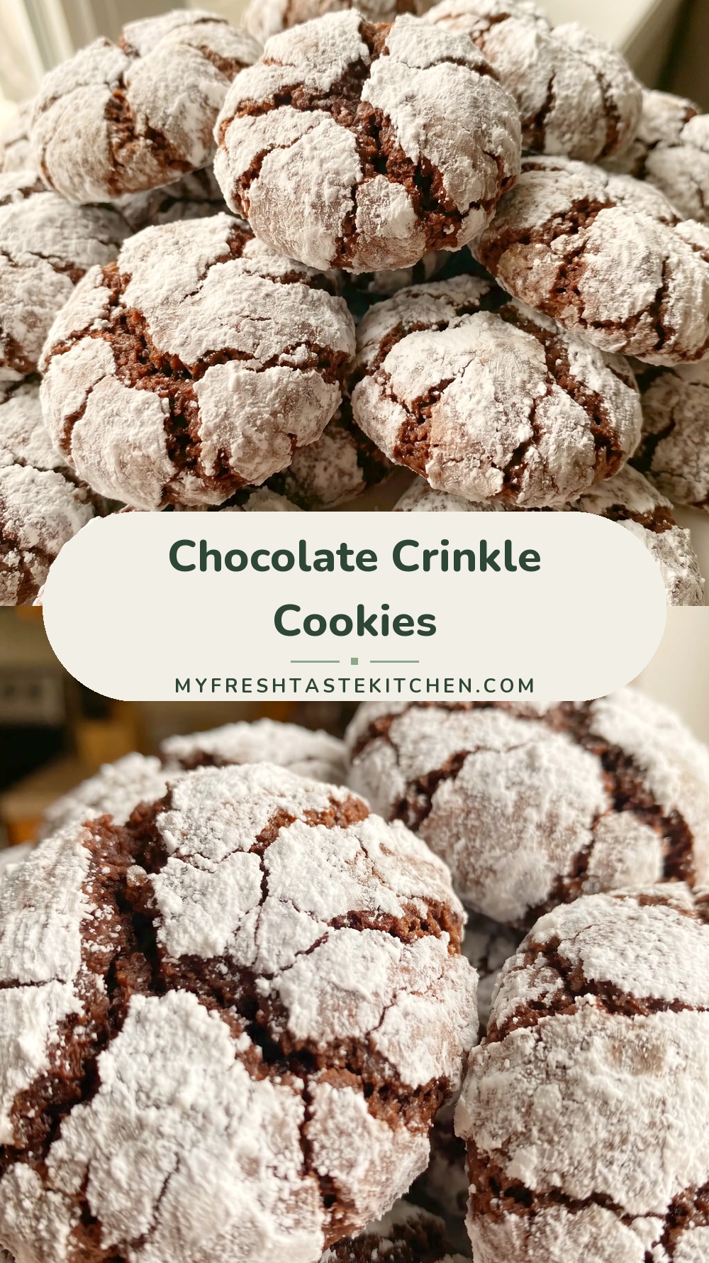Chocolate crinkle cookies coated in powdered sugar, with a cracked, fudgy surface.