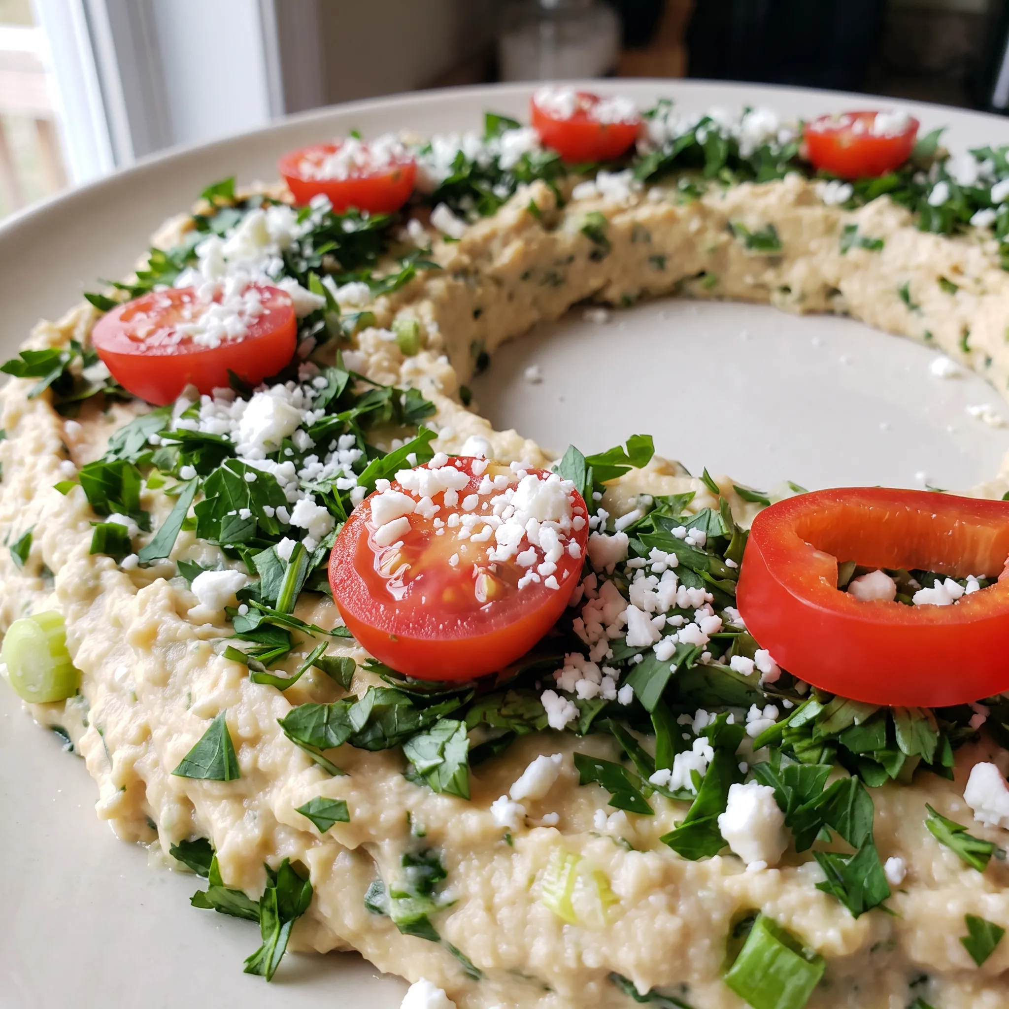 Creamy hummus topped with crumbled white feta, green parsley, red pepper strips, and halved cherry tomatoes.