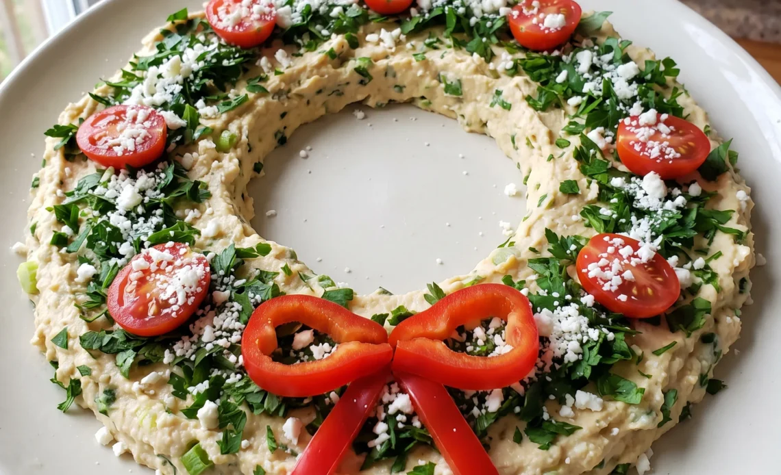 Hummus wreath with crumbled feta, parsley, halved cherry tomatoes, and red pepper strips arranged in a ring.