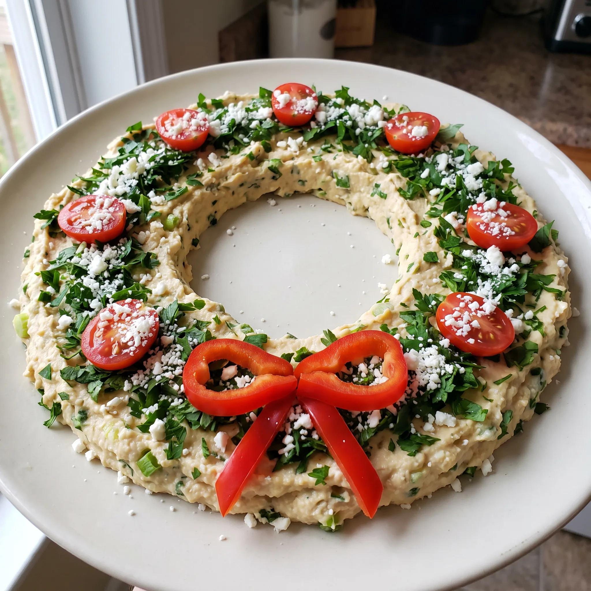 Hummus wreath with crumbled feta, parsley, halved cherry tomatoes, and red pepper strips arranged in a ring.