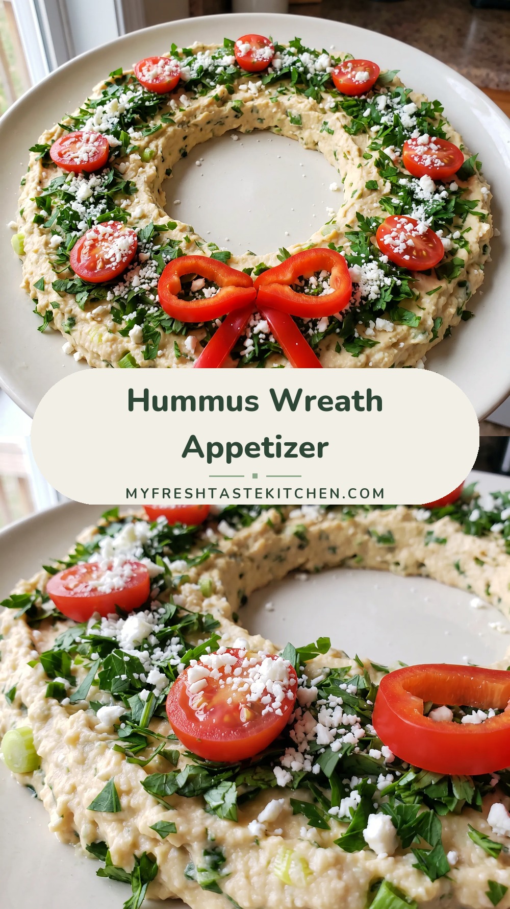 Creamy hummus ring topped with green parsley, halved cherry tomatoes, crumbled feta, and a red pepper bow.