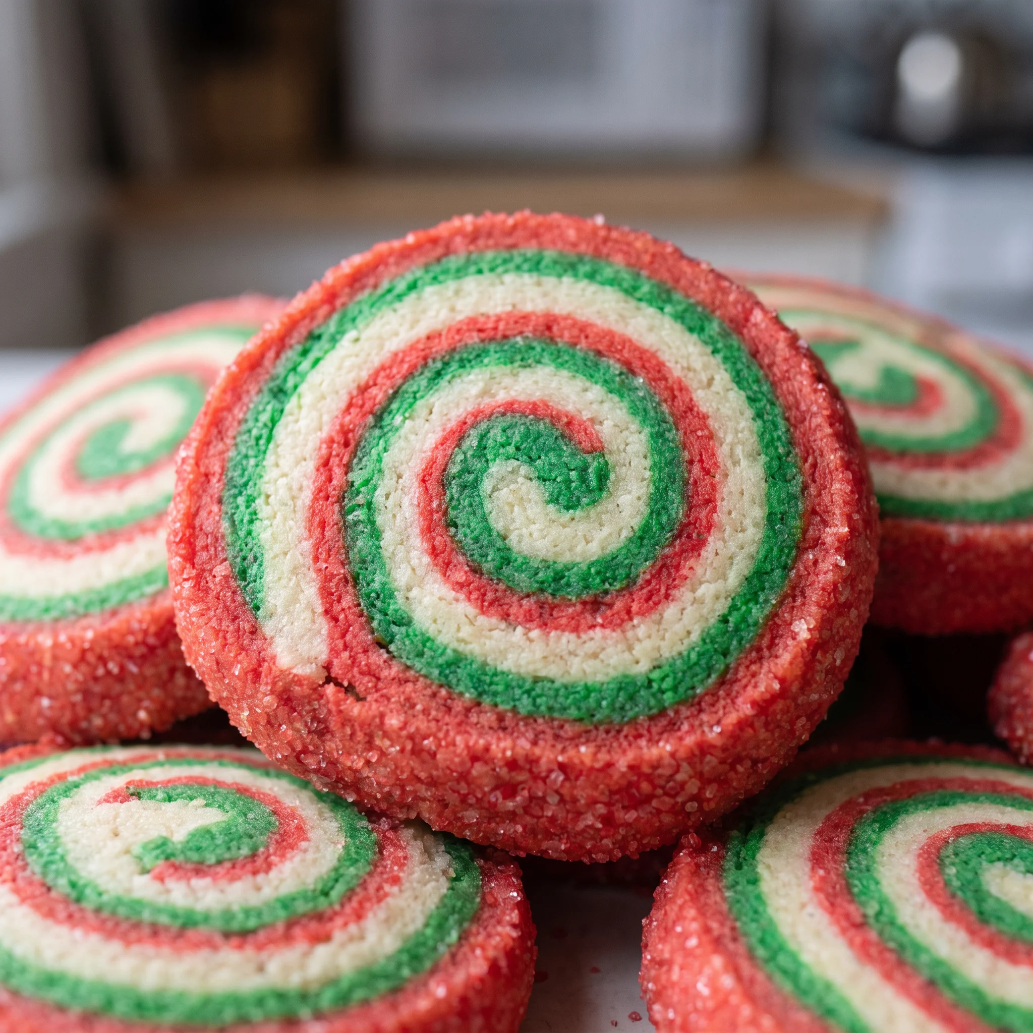 Crisp red and green dough spirals meet at a cookie's center, its outer rim sparkling with red sanding sugar.