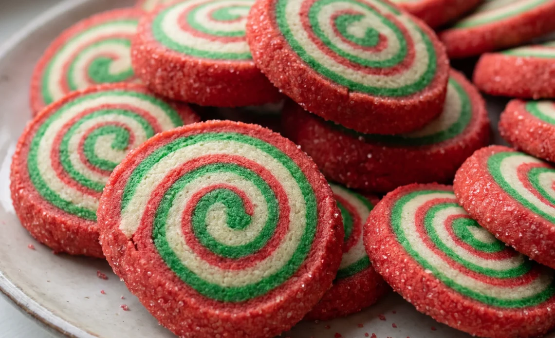 Christmas pinwheel cookies with red and green dough spirals, edges coated in red sanding sugar.