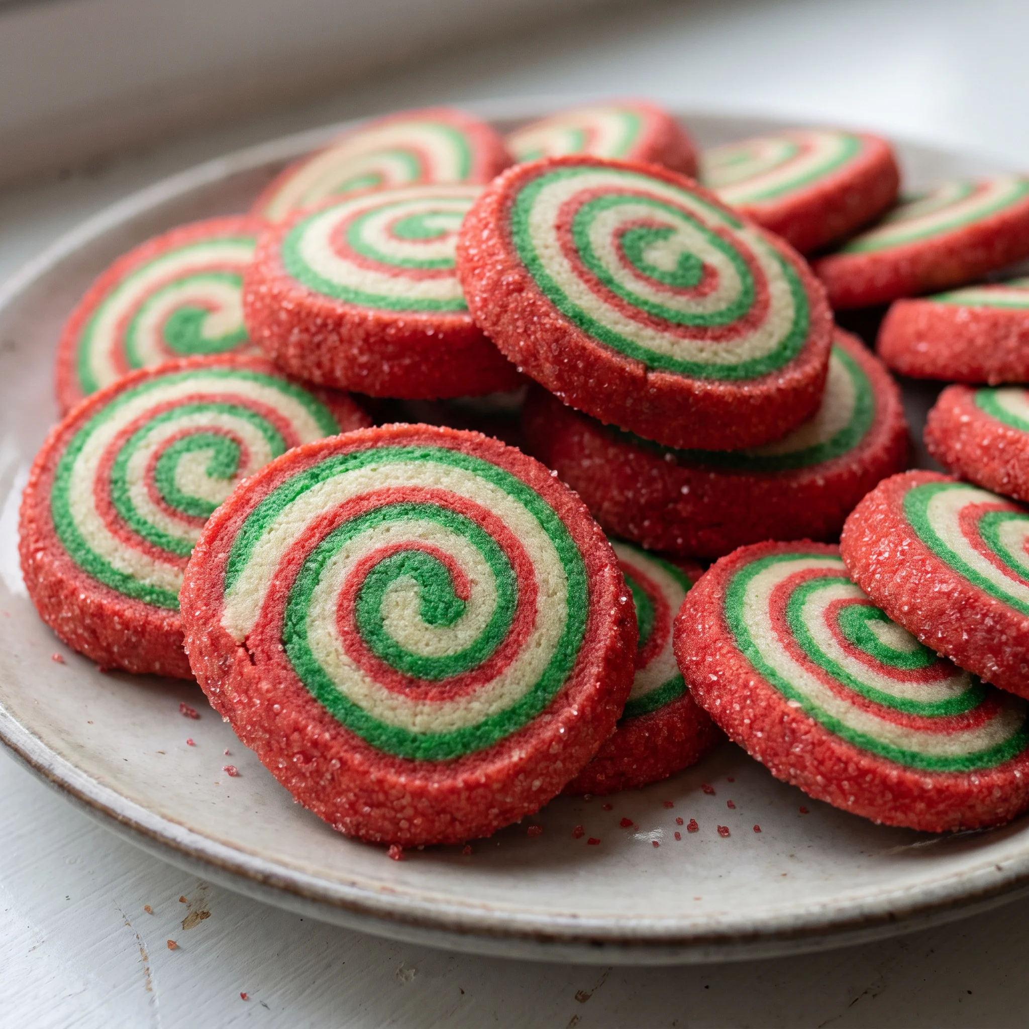 Christmas pinwheel cookies with red and green dough spirals, edges coated in red sanding sugar.