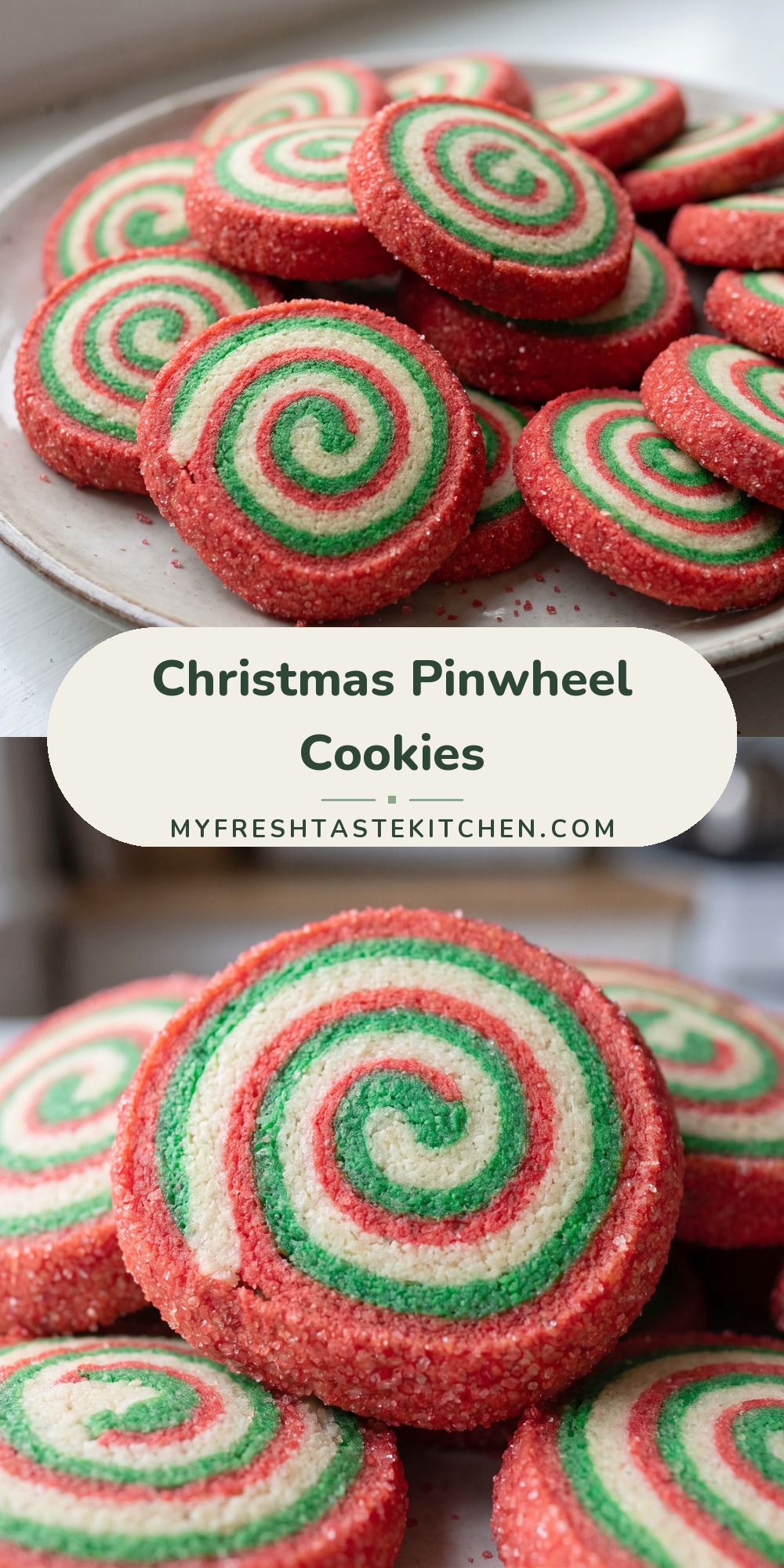 Red, green, and plain pinwheel cookie slices with swirled spiral dough edges coated in red sanding sugar.