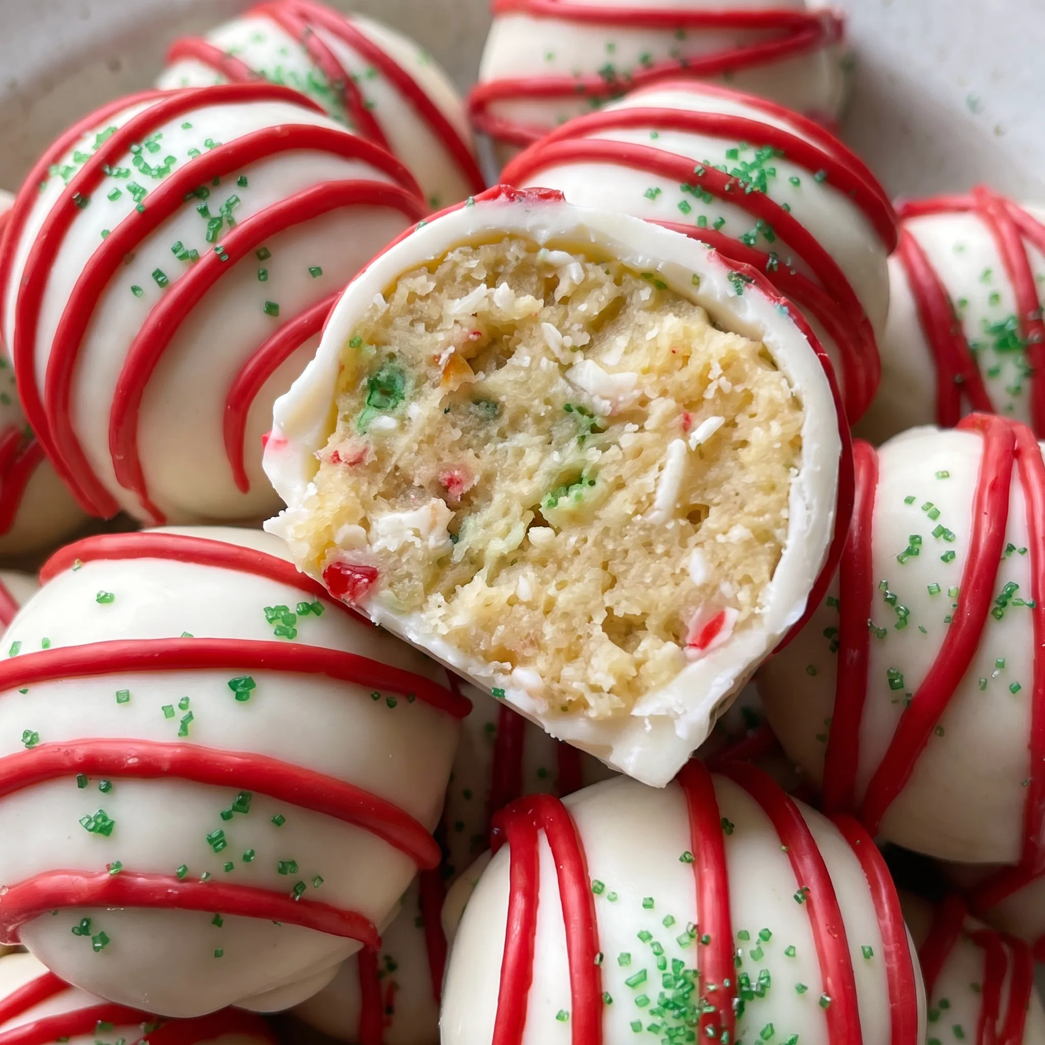 Bite-sized truffles with a smooth white almond bark shell, red candy melt drizzle, and green sugar sprinkles.