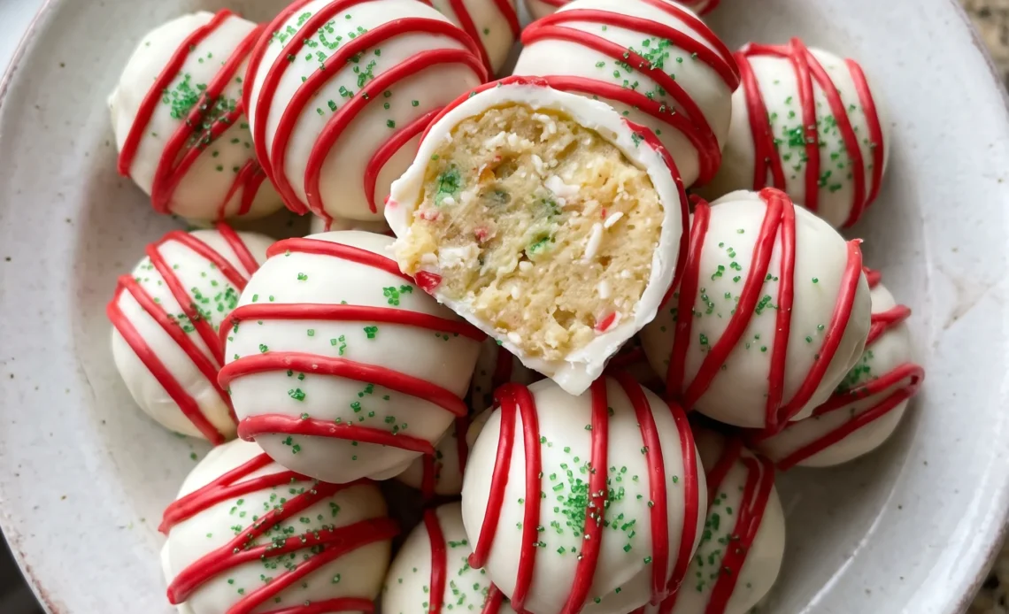 Christmas tree cake truffles coated in vanilla almond bark, topped with red candy melts and green sugar sprinkles.