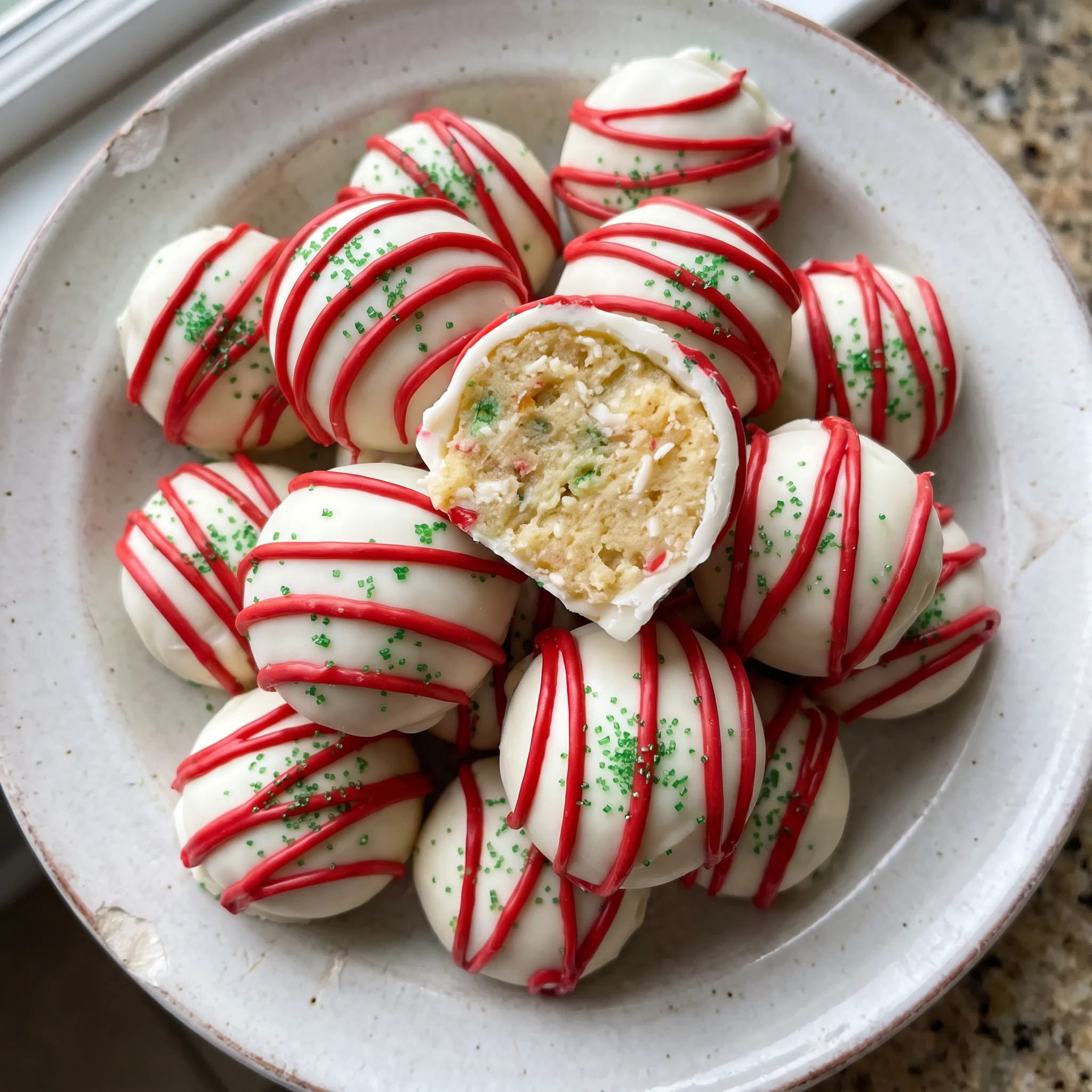 Christmas tree cake truffles coated in vanilla almond bark, topped with red candy melts and green sugar sprinkles.