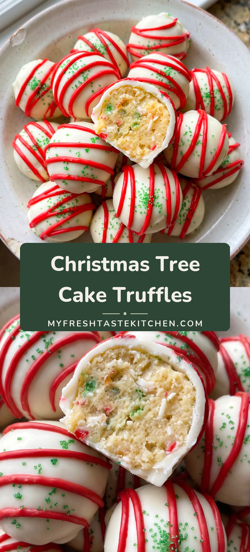 Green-sprinkled truffles coated in white chocolate with red candy drizzle, made from crumbled Christmas tree cakes and cream cheese.
