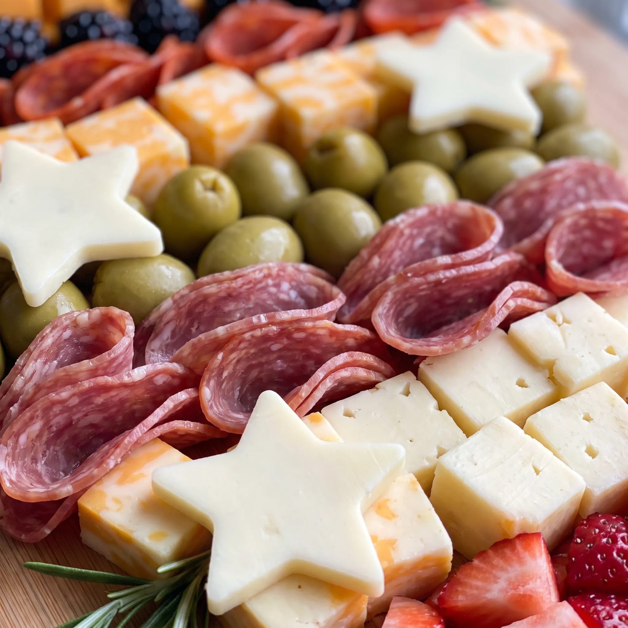 Green olives and blackberries tucked between folded salami slices and cheese cubes, with rosemary sprigs and pretzel sticks.