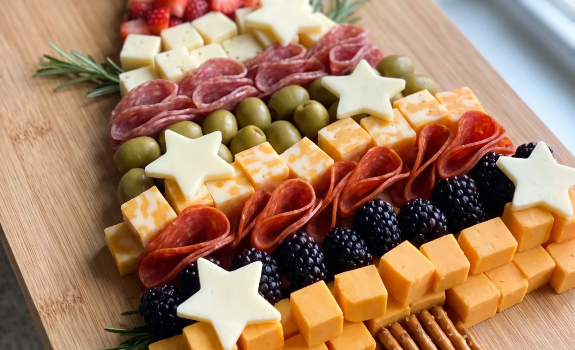 Cheddar, Colby Jack, Havarti and provolone cubes with pepperoni and salami form a Christmas tree shape with olives, berries and pretzel sticks.