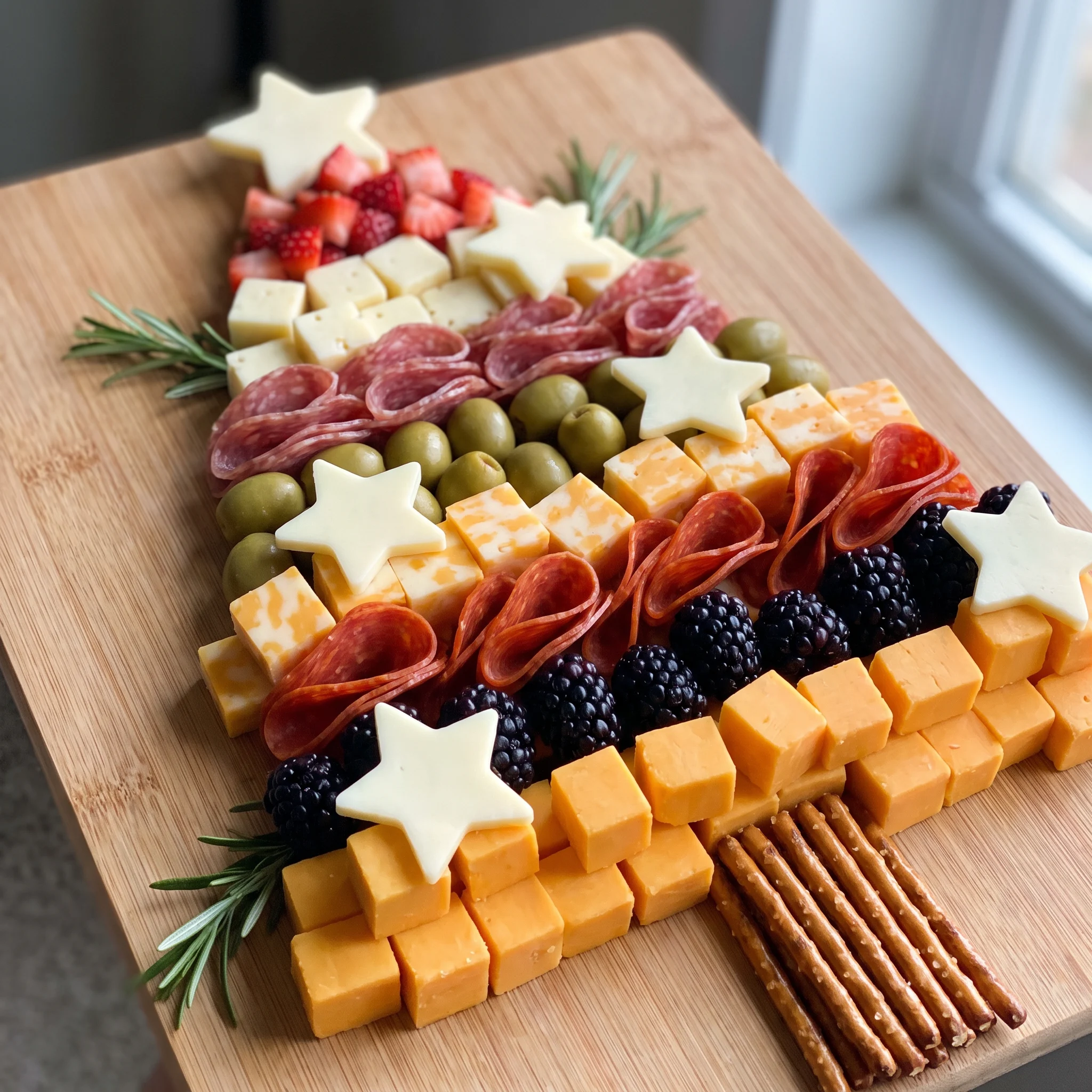 Cheddar, Colby Jack, Havarti and provolone cubes with pepperoni and salami form a Christmas tree shape with olives, berries and pretzel sticks.