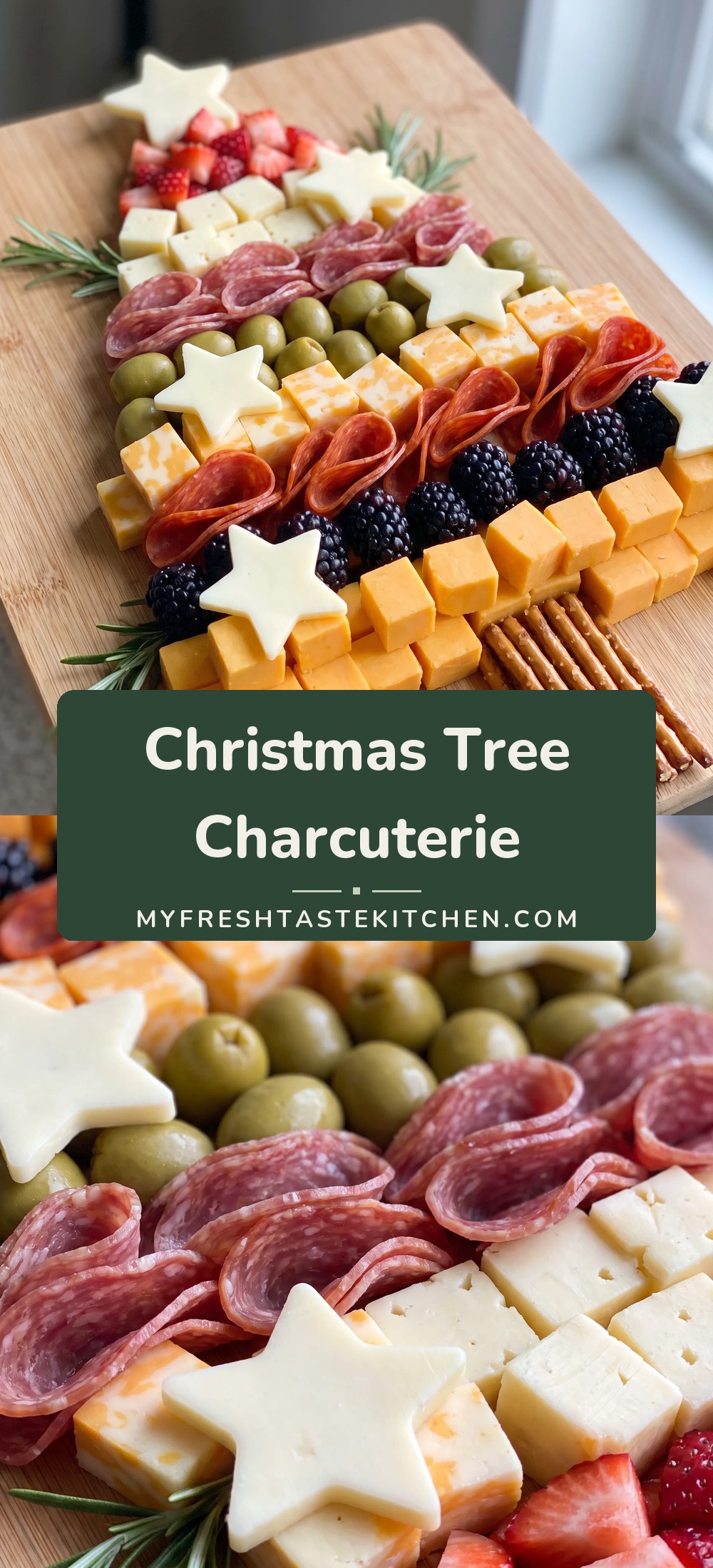 Cheddar, Colby Jack, Havarti and provolone cubes, folded pepperoni and salami, blackberries, strawberries, green olives and pretzel sticks arranged in a tapered tree shape with rosemary.