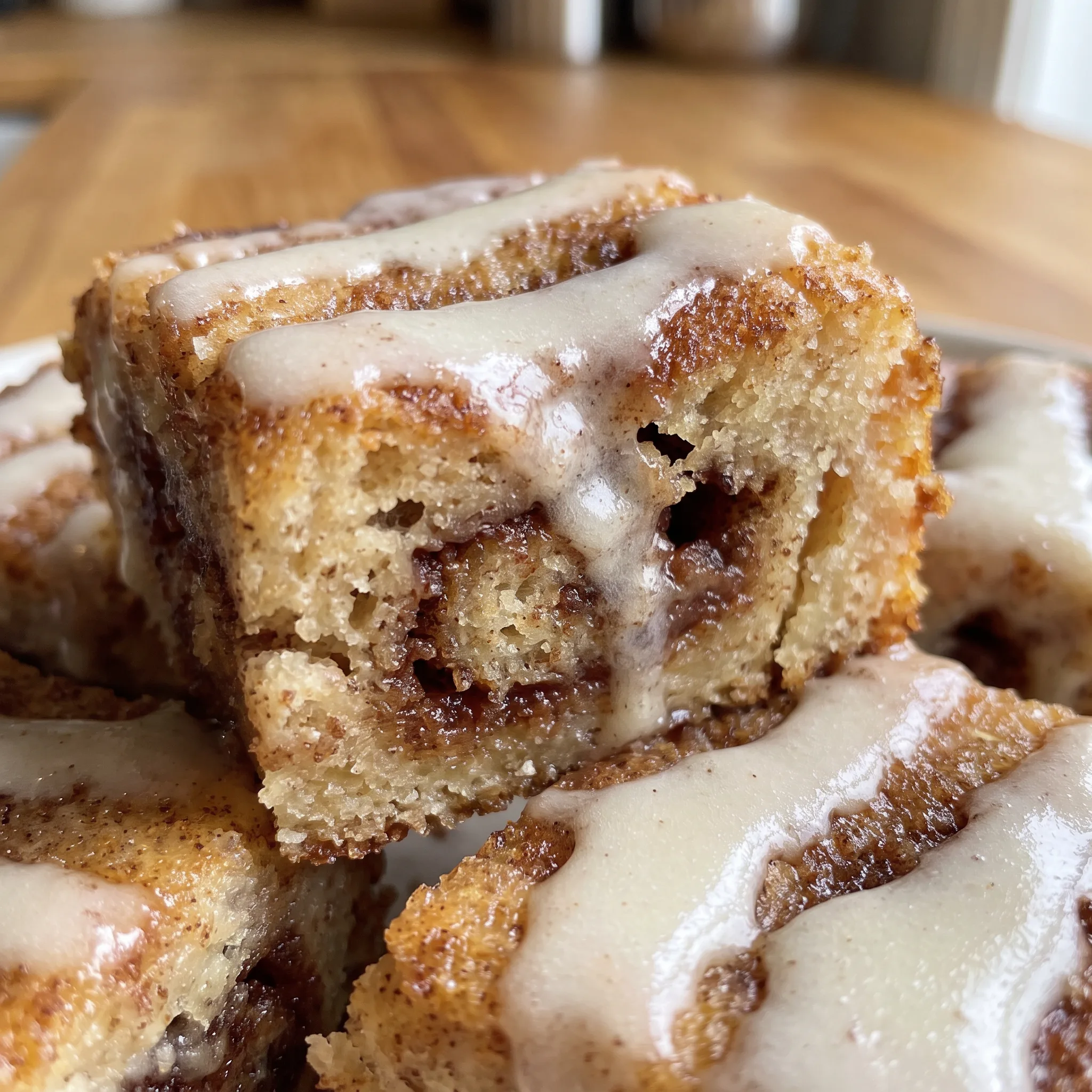 A bar with a dense, moist crumb, a thick layer of cinnamon sugar, and a smooth, white sour cream icing.