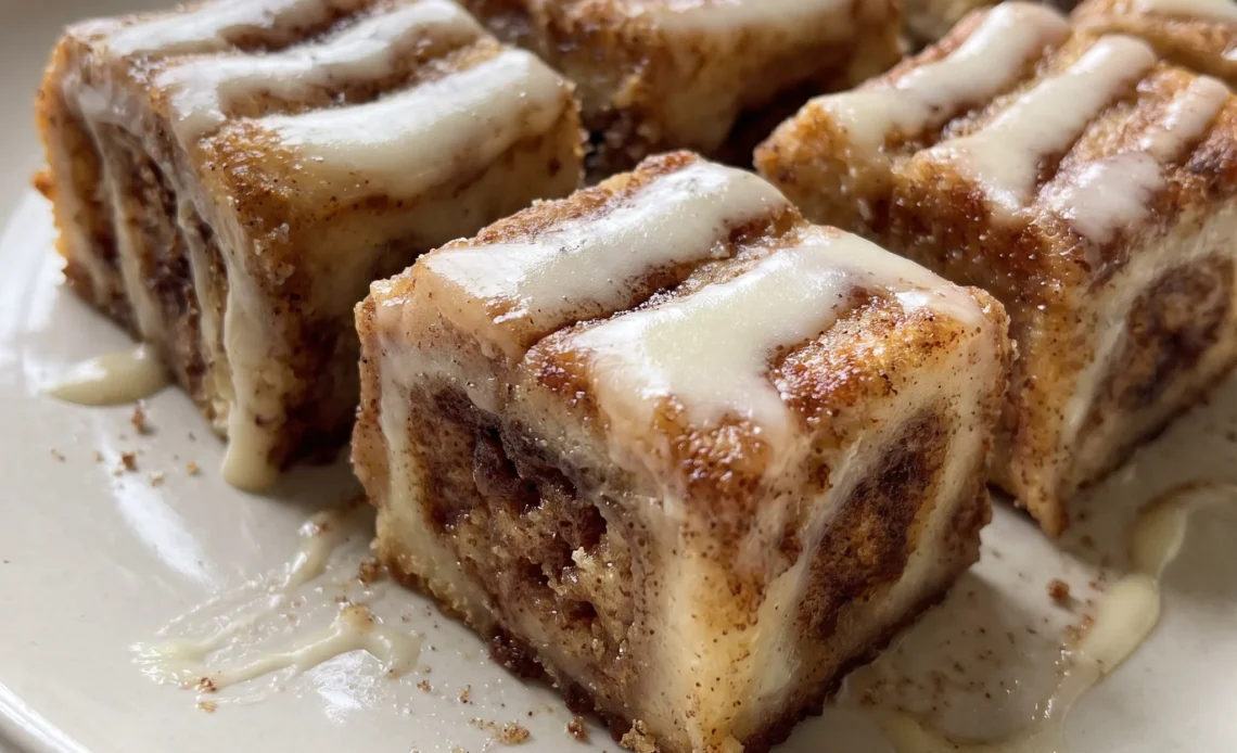 Cinnamon roll bars with a swirl of cinnamon sugar on top, creamy sour cream glaze, and a golden brown crust.