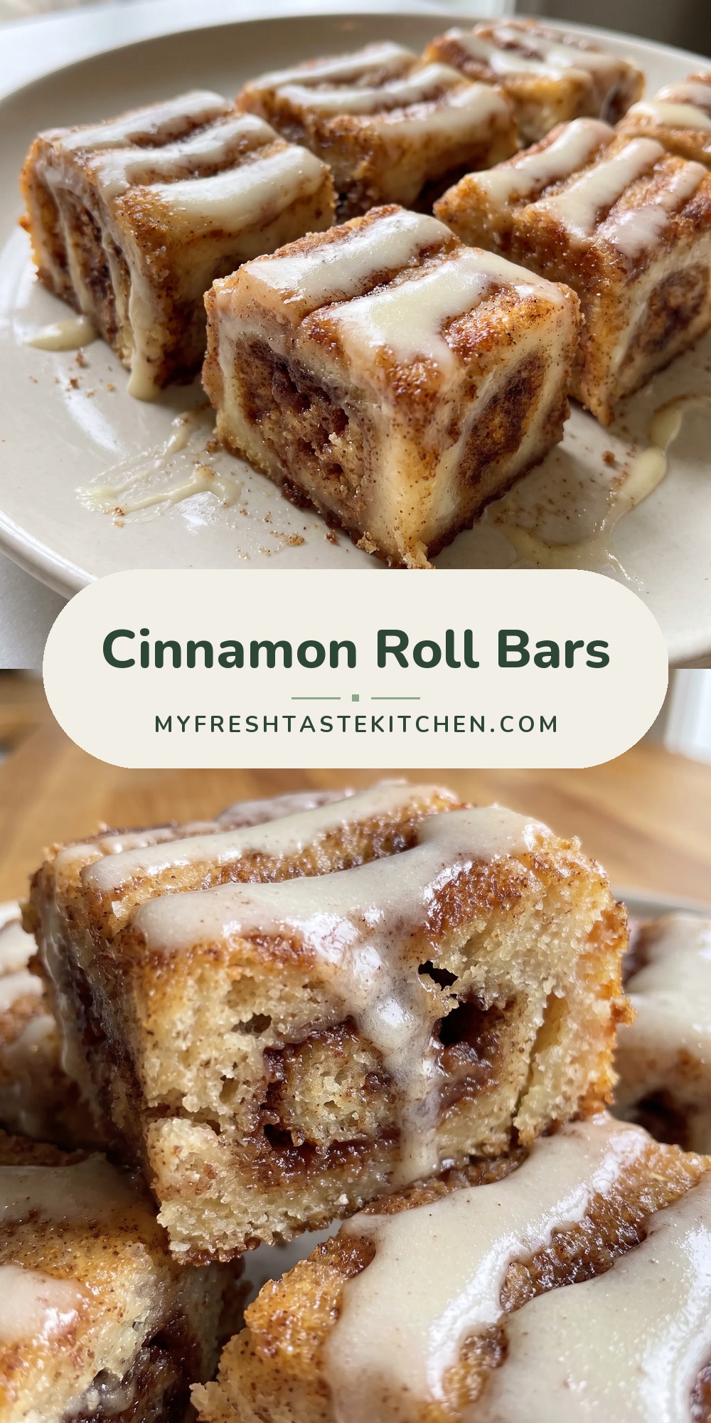 Cinnamon roll bars with swirls of cinnamon sugar, topped with white vanilla frosting.