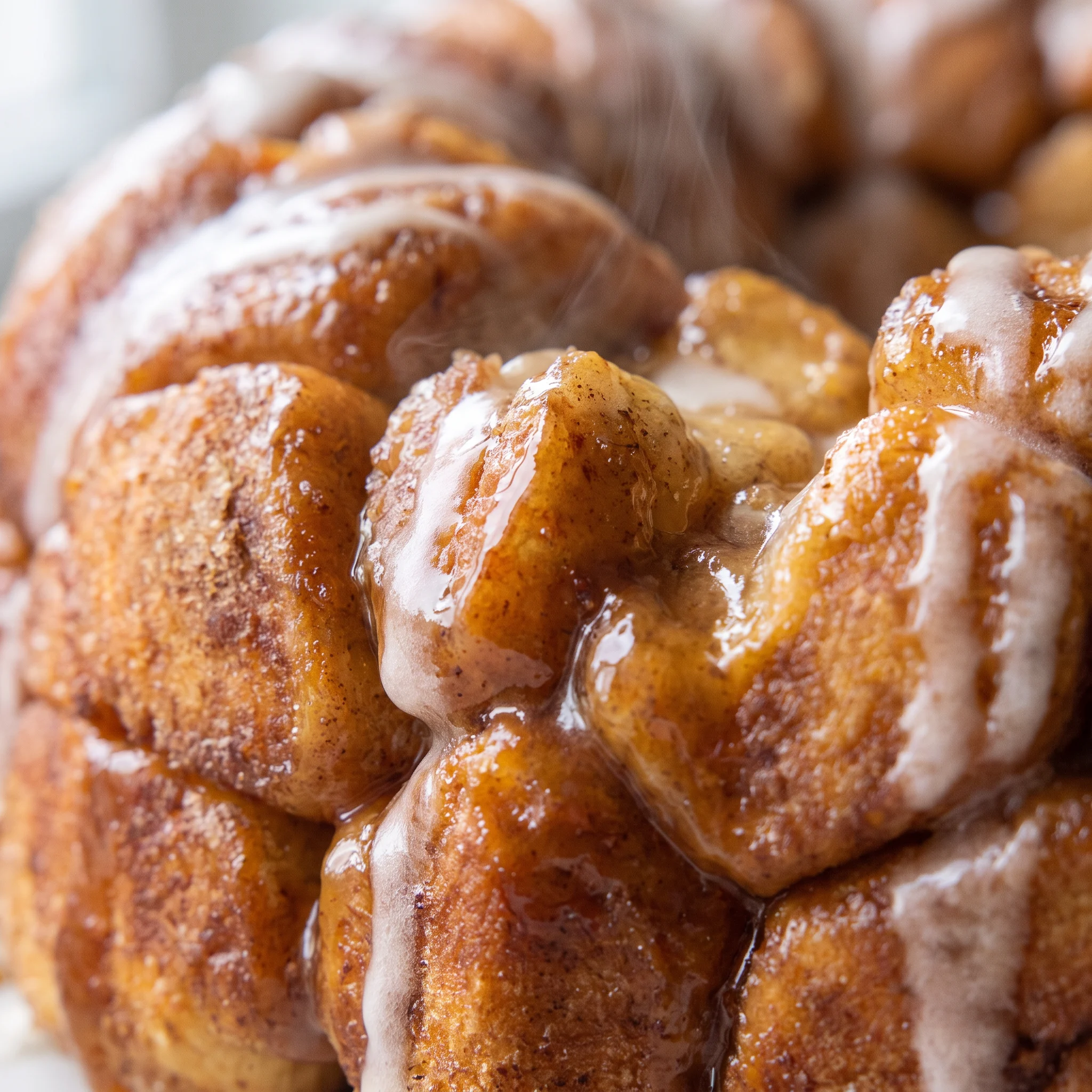 Sticky, glossy brown sugar coating on a cinnamon roll piece with visible cinnamon swirls.