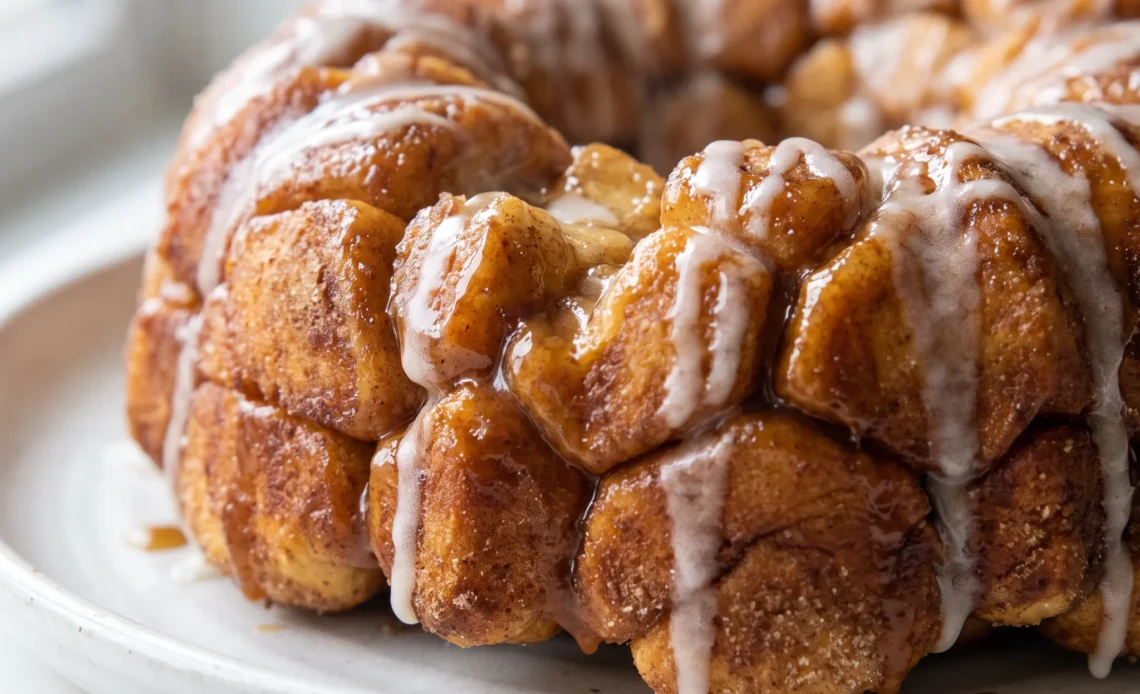 Cinnamon roll monkey bread with pull-apart pieces coated in sticky brown sugar glaze and cinnamon.