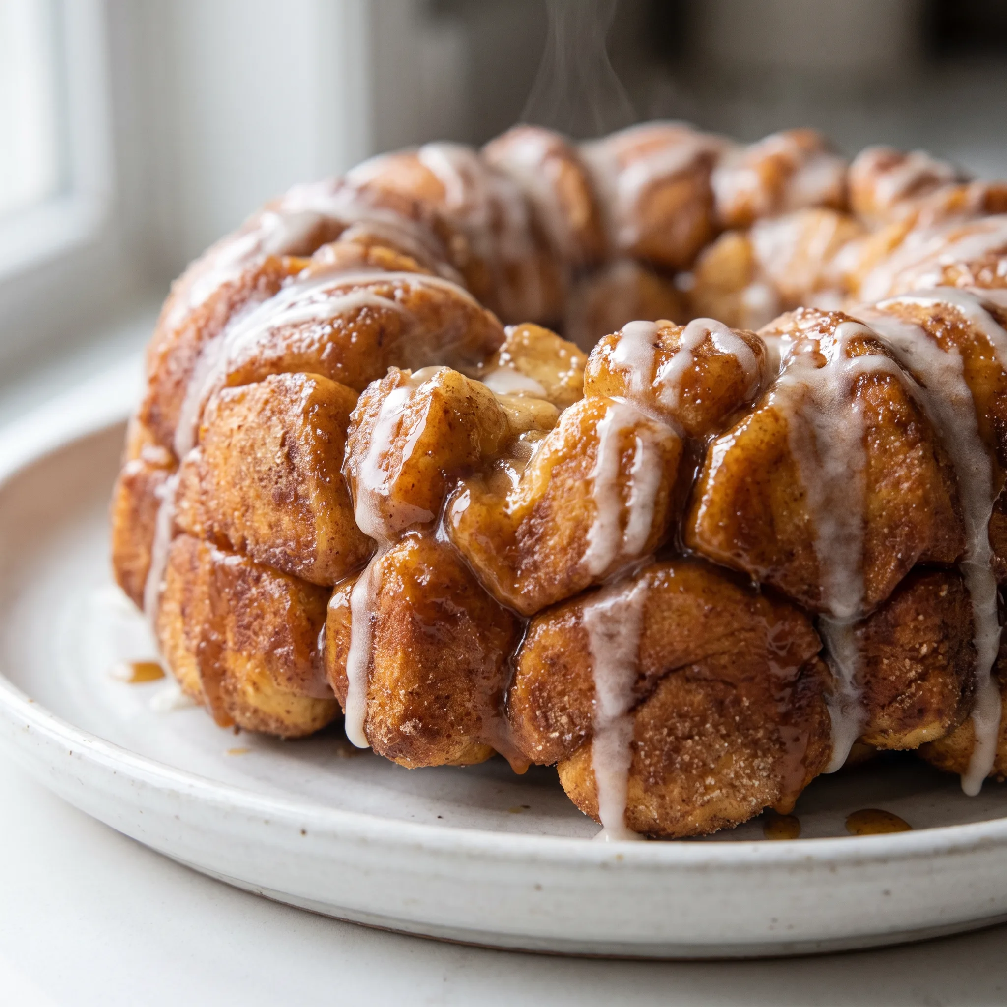 Cinnamon roll monkey bread with pull-apart pieces coated in sticky brown sugar glaze and cinnamon.