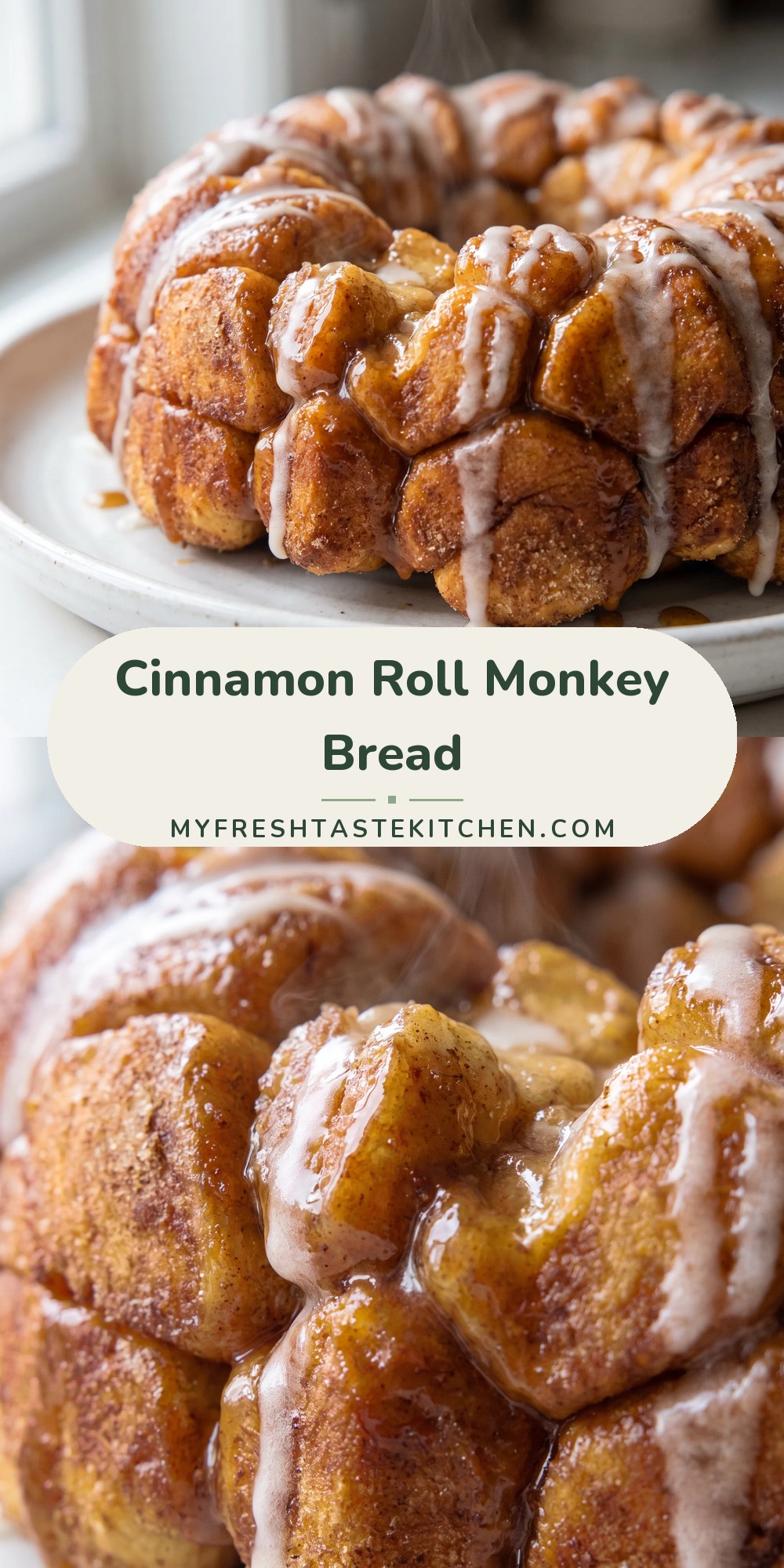 Pull-apart cinnamon roll monkey bread with gooey caramelized brown sugar butter sauce and a white icing drizzle.