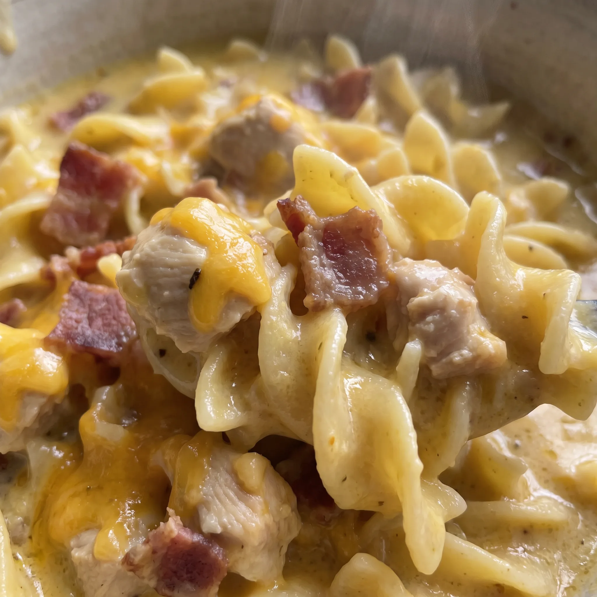 Creamy soup with tender chicken, soft egg noodles, and crispy bacon pieces.