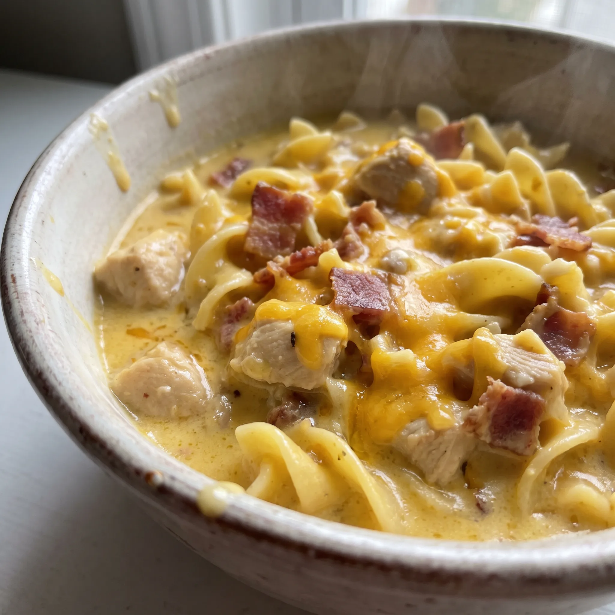Crack chicken noodle soup with shredded chicken, egg noodles, creamy broth, and bacon bits.