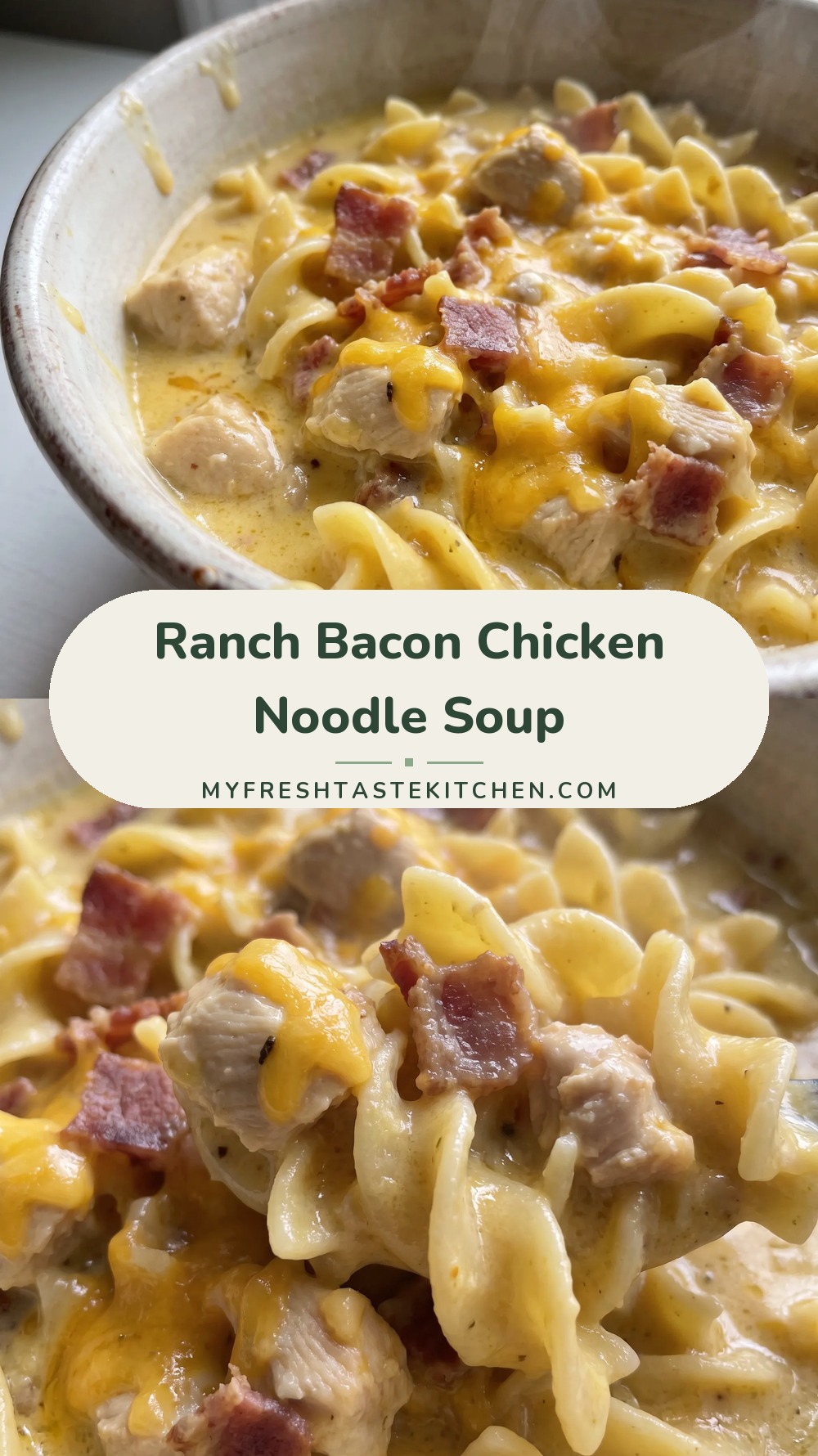 A creamy soup with shredded chicken, curly egg noodles, melted cream cheese, and crumbled bacon bits, garnished with green herbs.