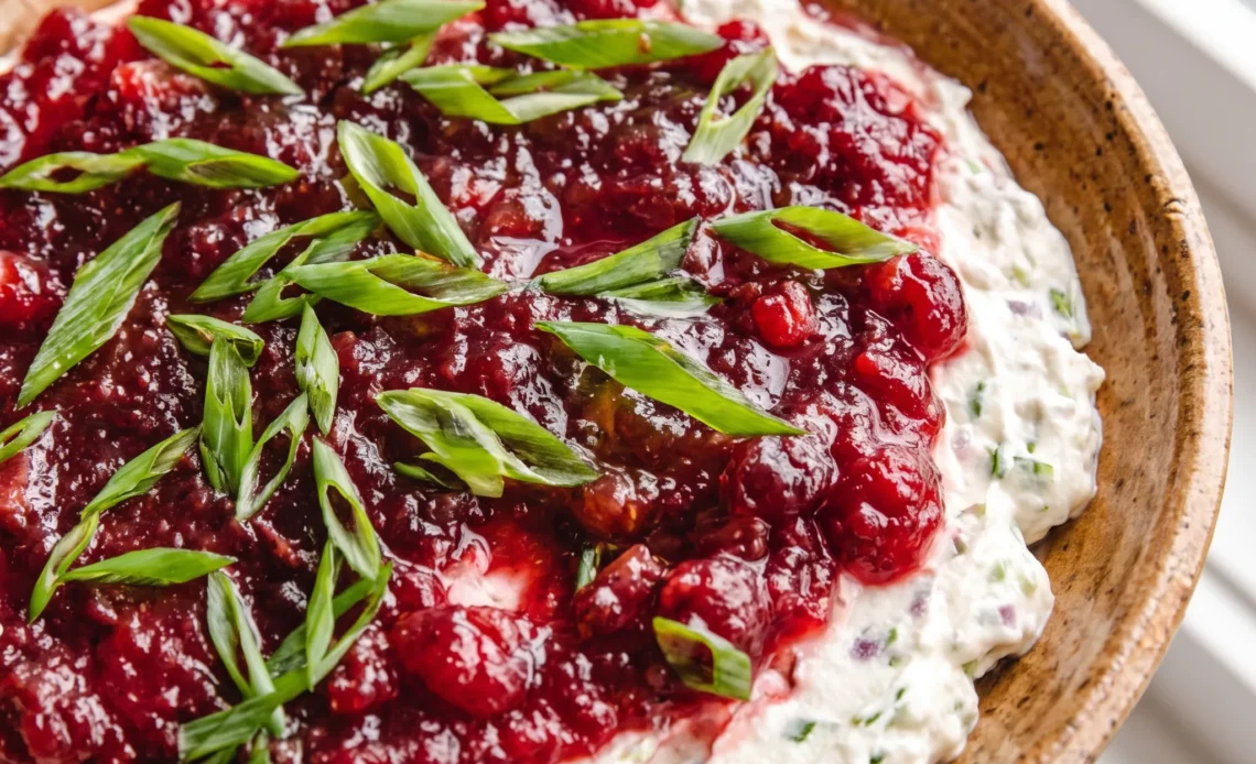 Cranberry jalapeño cream cheese dip with a smooth white cream cheese base, glossy red cranberry sauce swirls, and small green jalapeño pieces.
