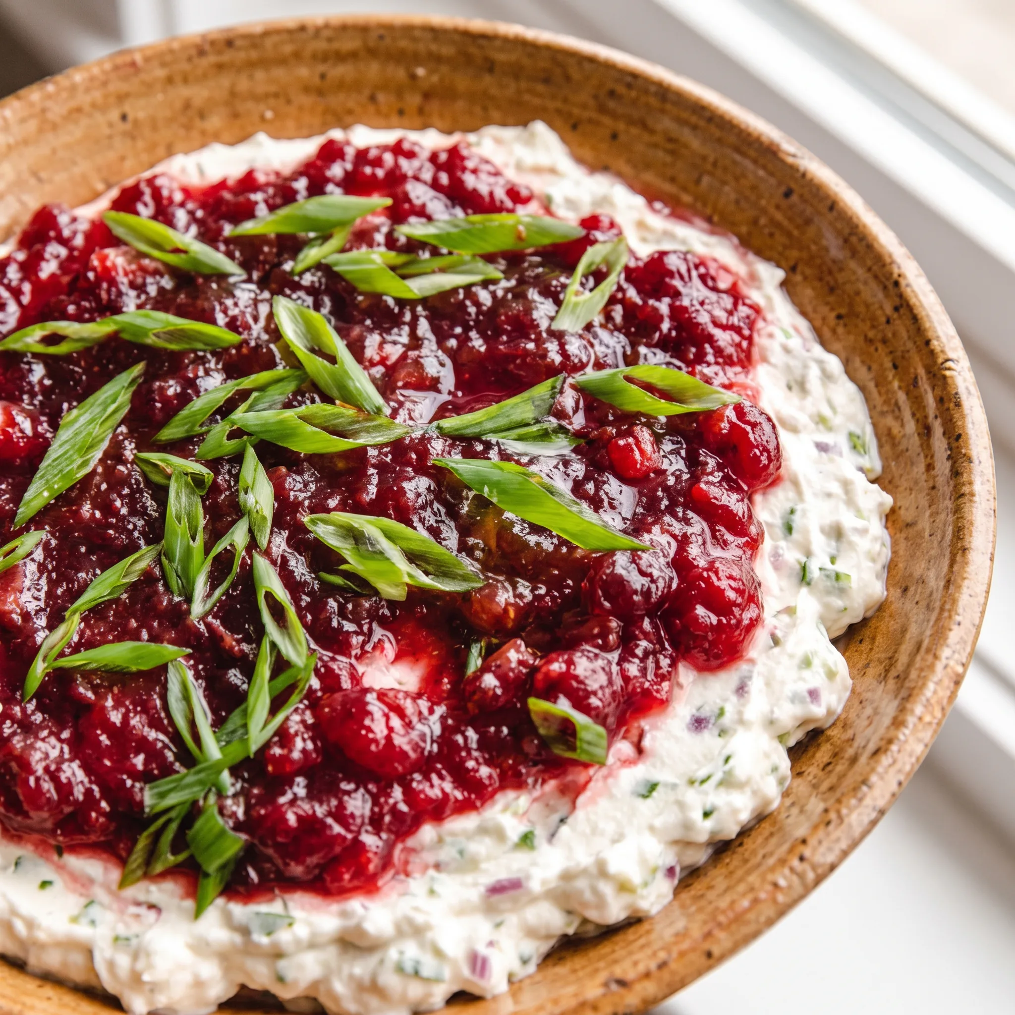 Cranberry jalapeño cream cheese dip with a smooth white cream cheese base, glossy red cranberry sauce swirls, and small green jalapeño pieces.