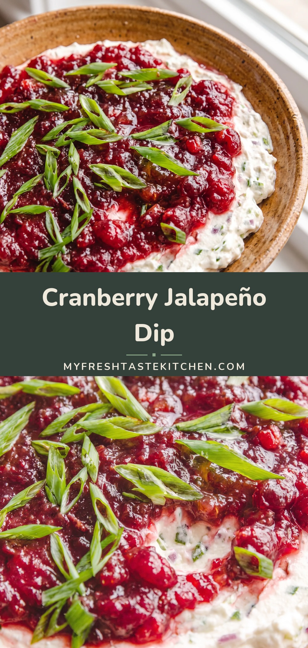 Creamy white dip topped with glossy red cranberry sauce and sprinkled with green onions and diced jalapeños.