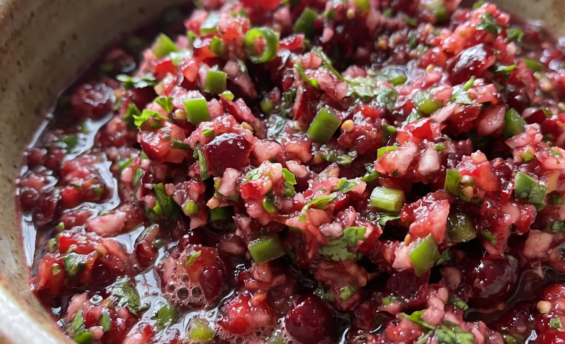 Cranberry jalapeño salsa with whole cranberries, sliced jalapeños, chopped cilantro, and minced ginger.