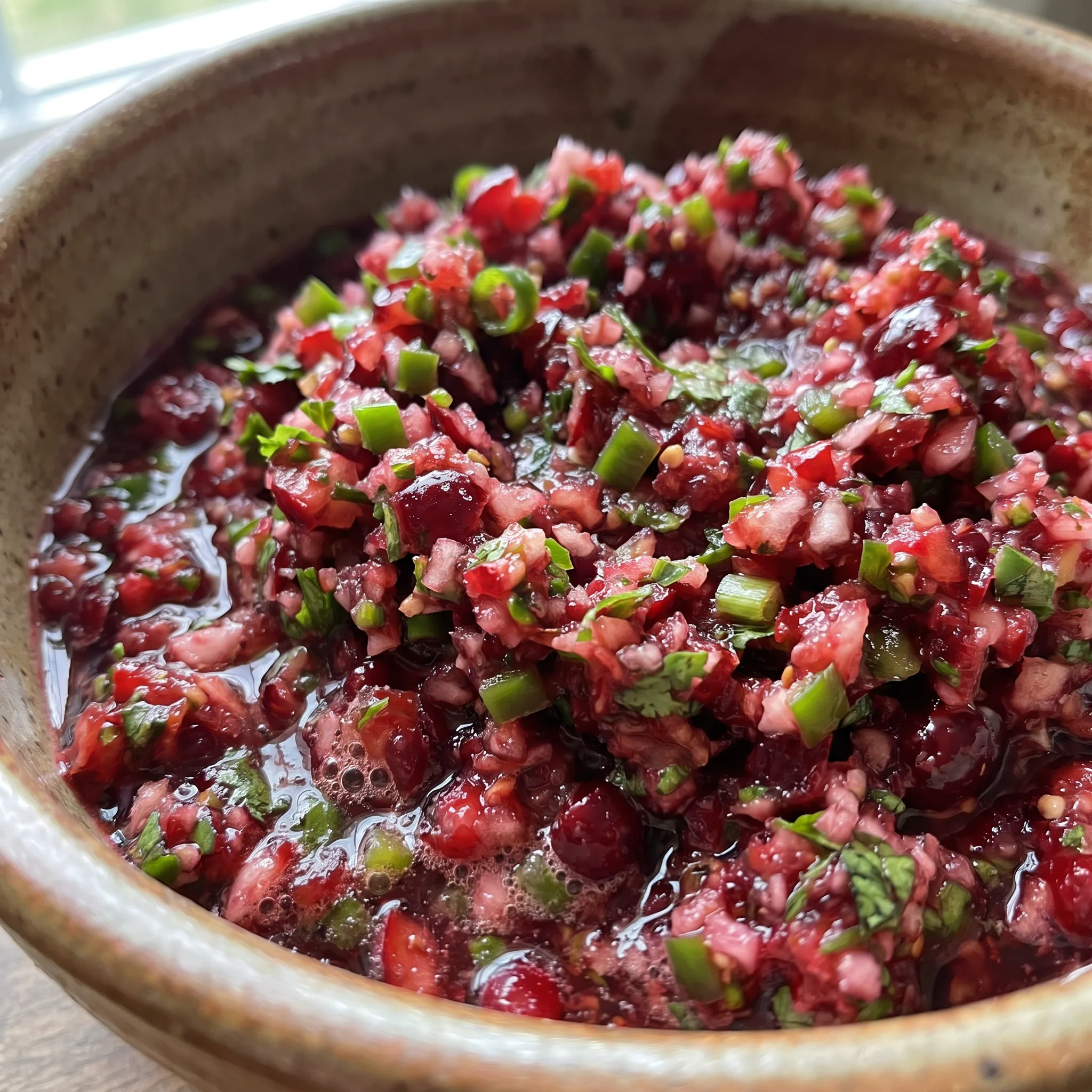 Cranberry jalapeño salsa with whole cranberries, sliced jalapeños, chopped cilantro, and minced ginger.