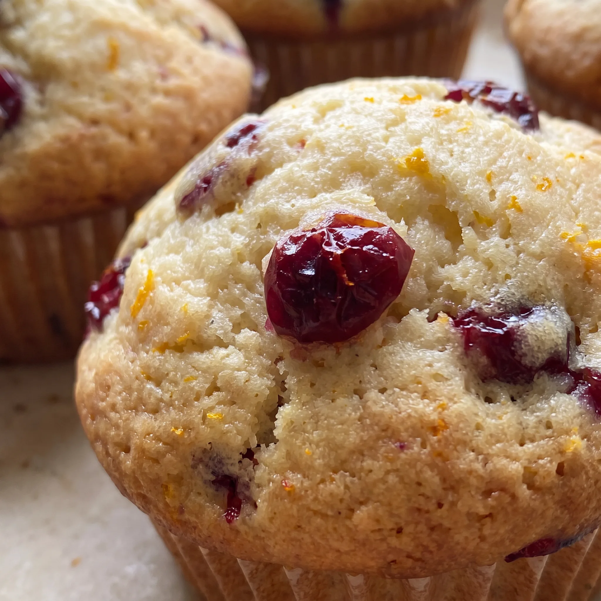 Rounded muffin tops with a tender crumb, studded with dried cranberries and flecks of orange zest.