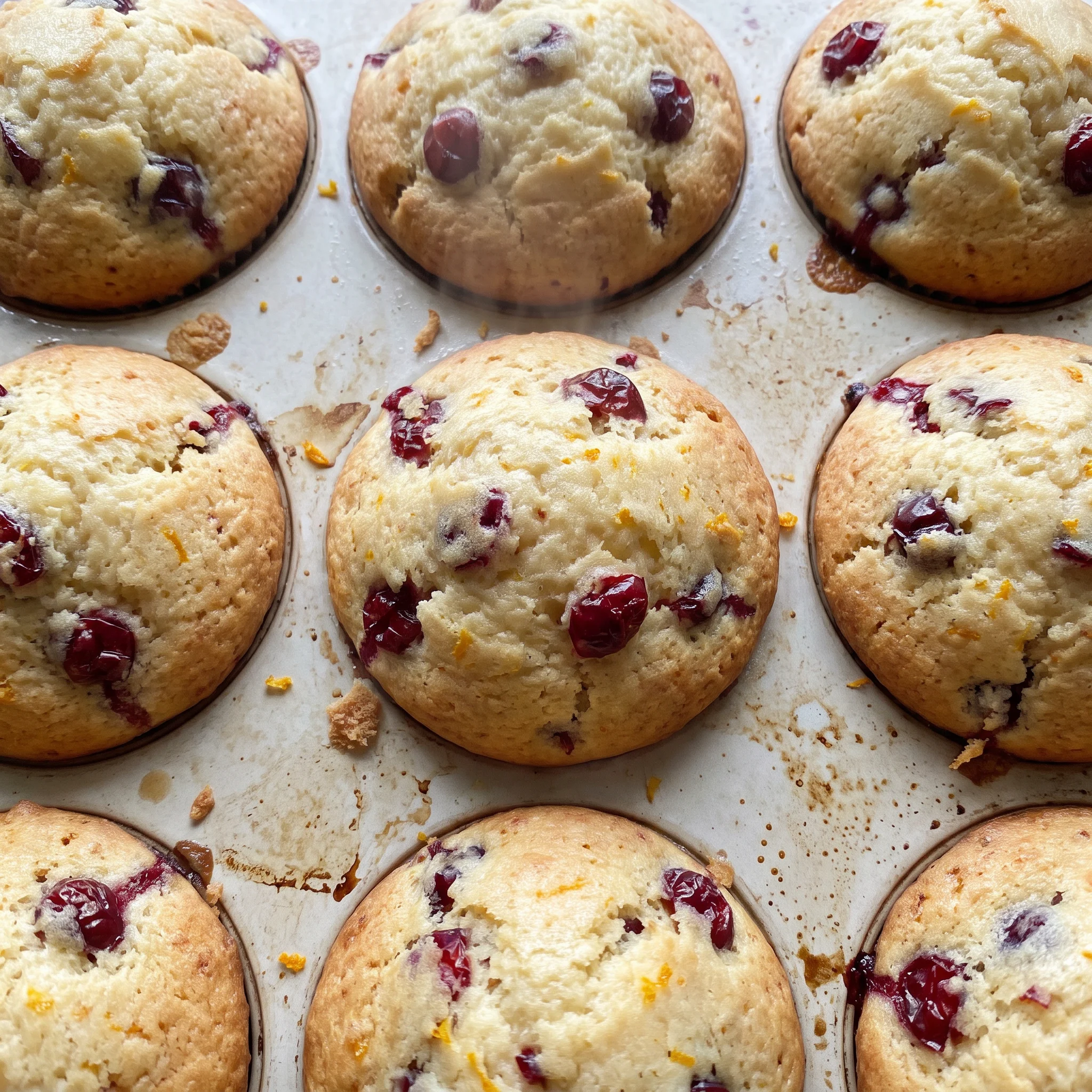 Cranberry orange muffins with golden tops, dried cranberries and orange zest visible, fresh orange slices alongside.