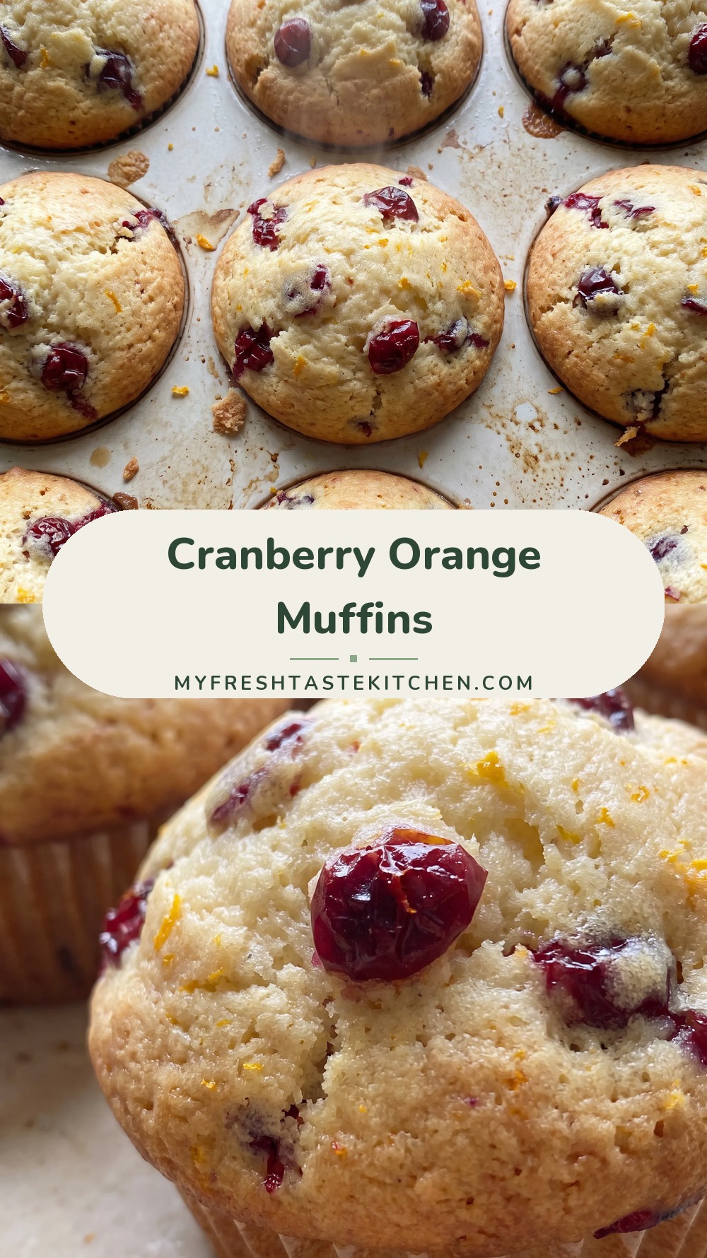 Golden brown muffins studded with dried cranberries and flecks of orange zest, with a moist, tender crumb.