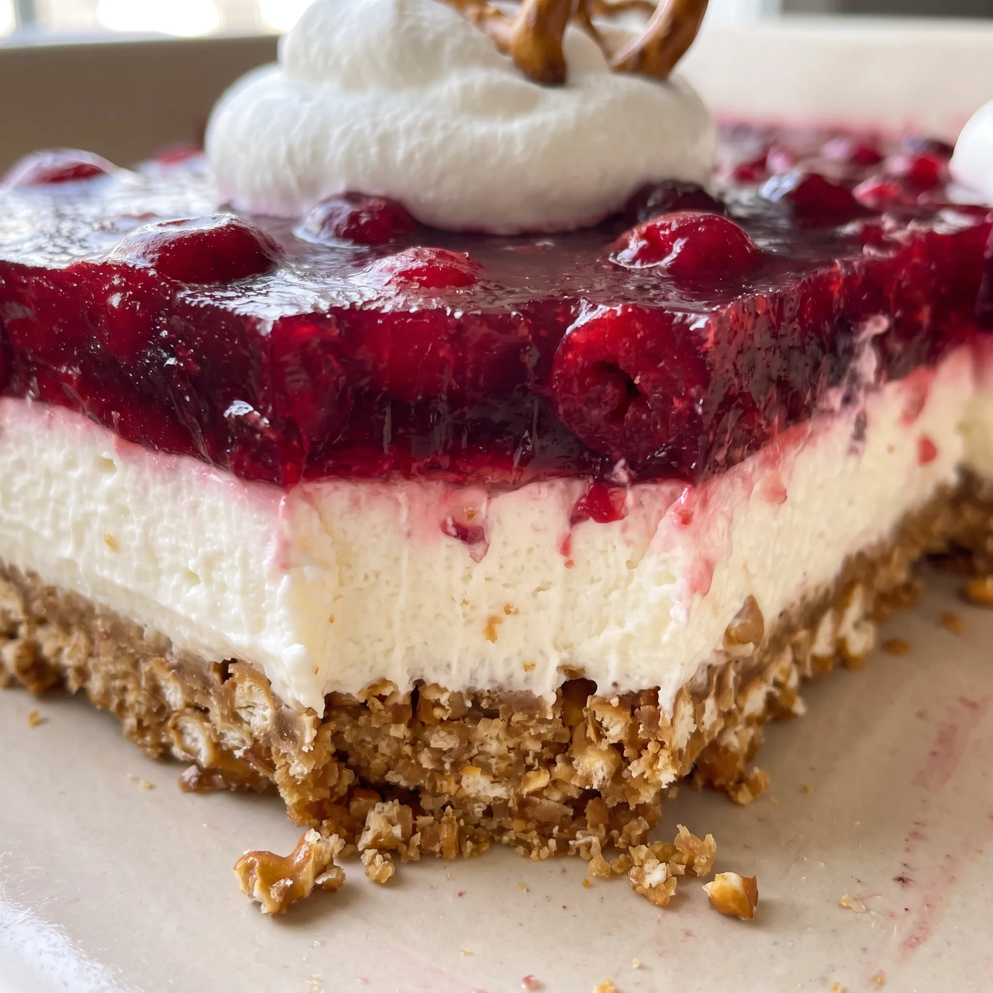 Glossy raspberry jello studded with cranberry sauce sits over a smooth cream cheese and Cool Whip layer on a crunchy pretzel base.