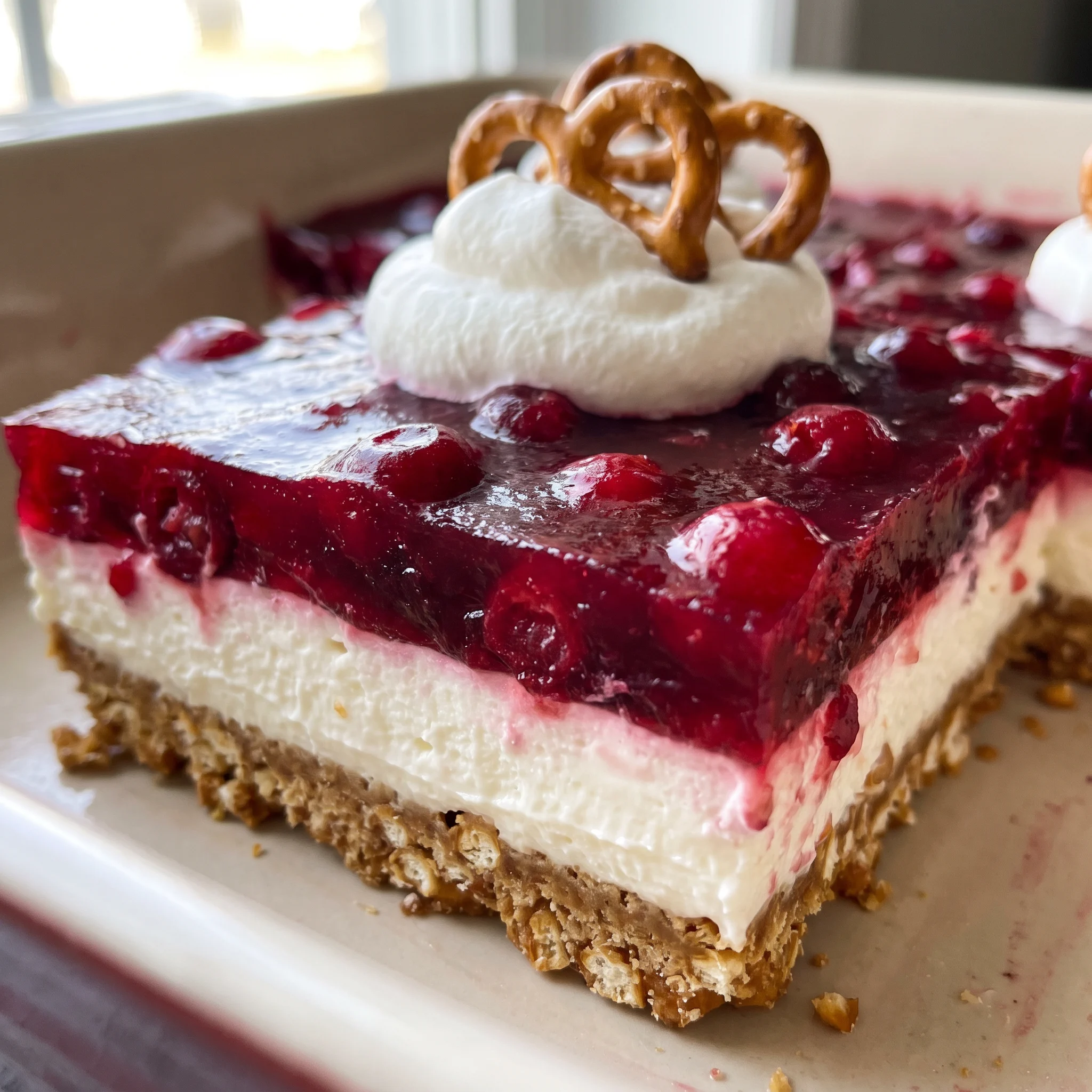 Cranberry pretzel salad with a pretzel crust, a cream cheese and Cool Whip layer, and a top of raspberry jello with cranberry sauce.