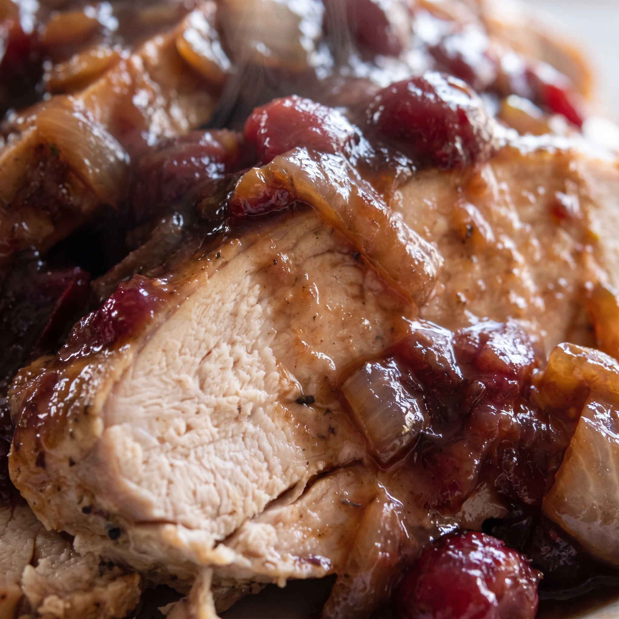 Turkey breast slices with smooth cranberry sauce, tangy orange juice, and onion soup mix.