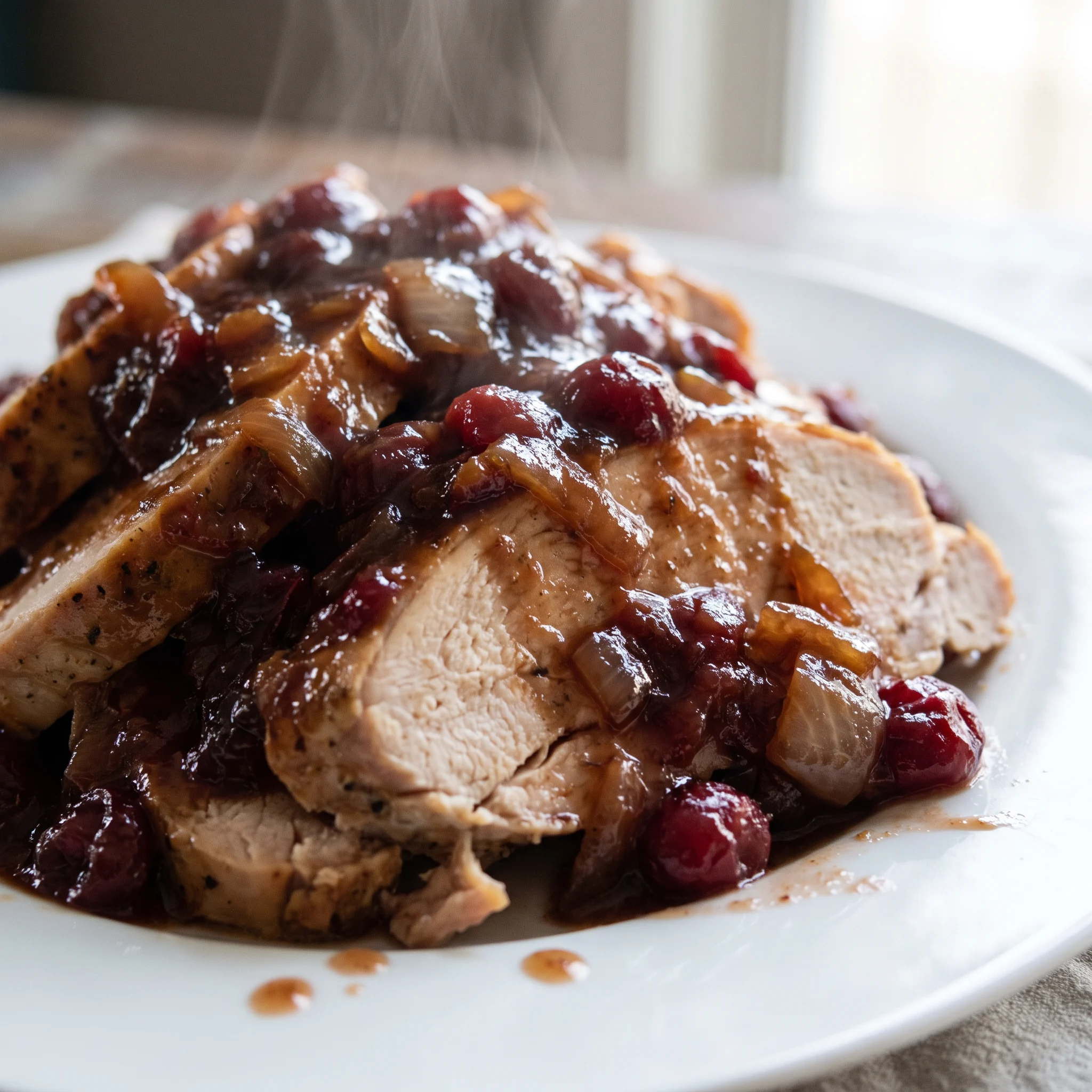 Crock Pot Cranberry Turkey Breast with glossy cranberry sauce, orange juice glaze, and onion soup mix seasoning.