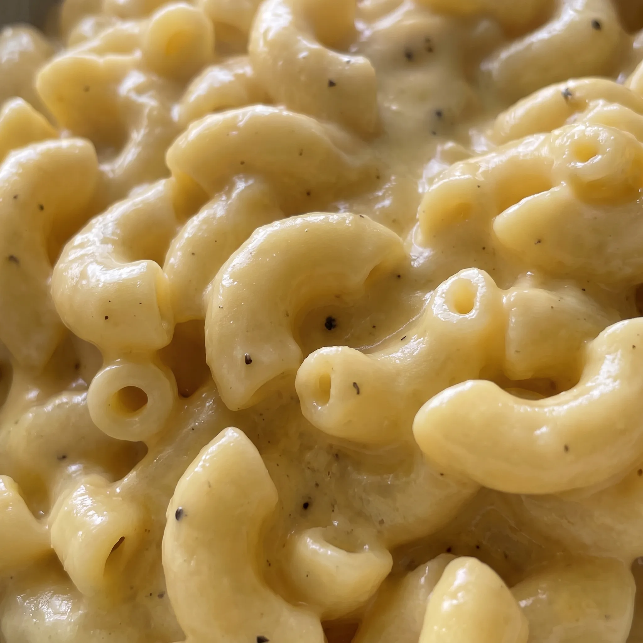 Glossy, creamy sauce clinging to each elbow macaroni, with visible strands of melted cheddar and gruyere cheese.