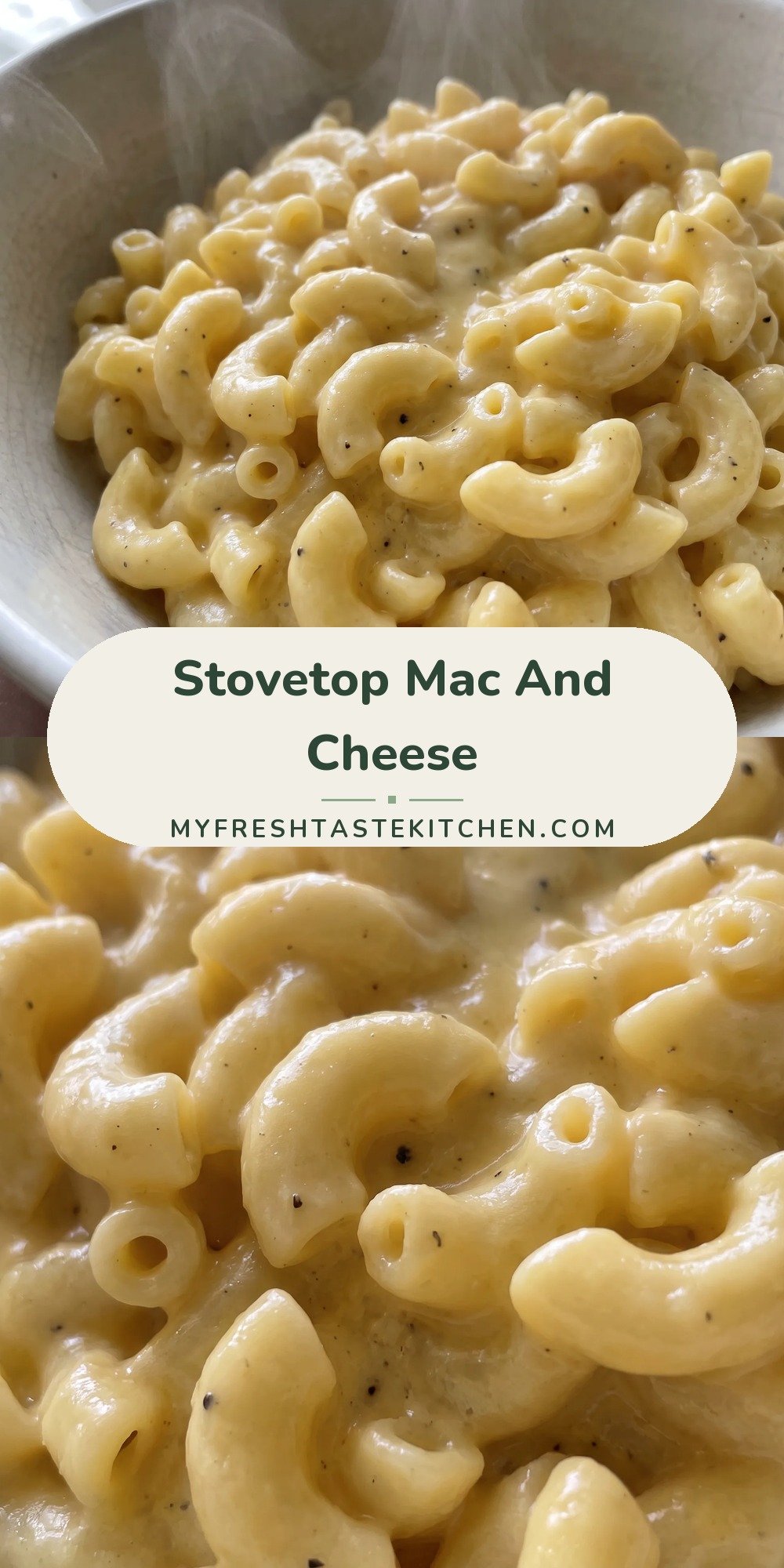 Creamy stovetop mac and cheese with elbow macaroni in a smooth cheese sauce, topped with melted cheddar and gruyere.