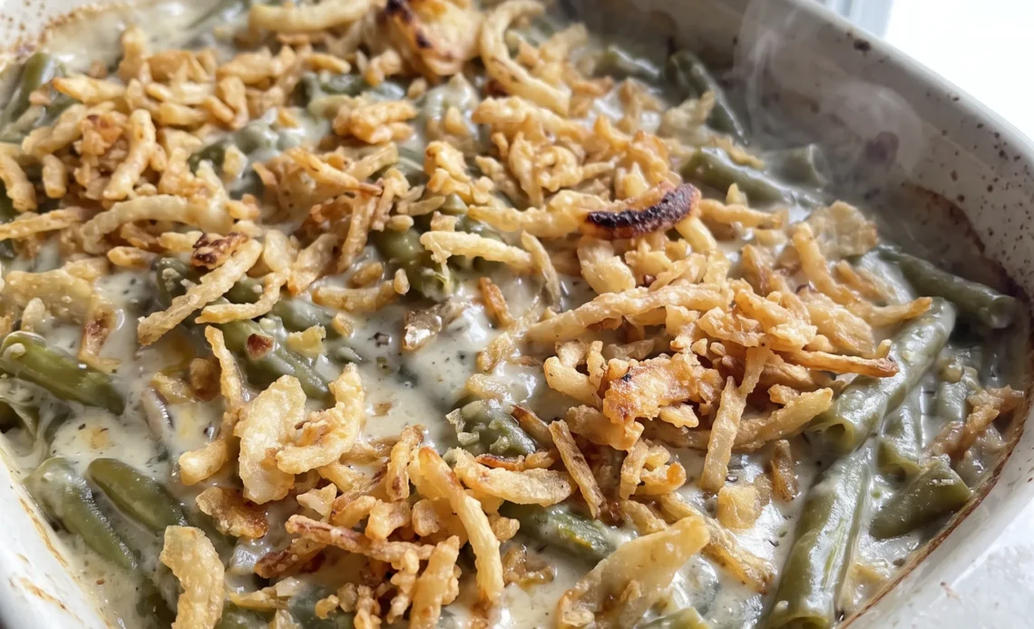 Green bean casserole with cream of mushroom soup, green beans, melted Parmesan and French fried onions.