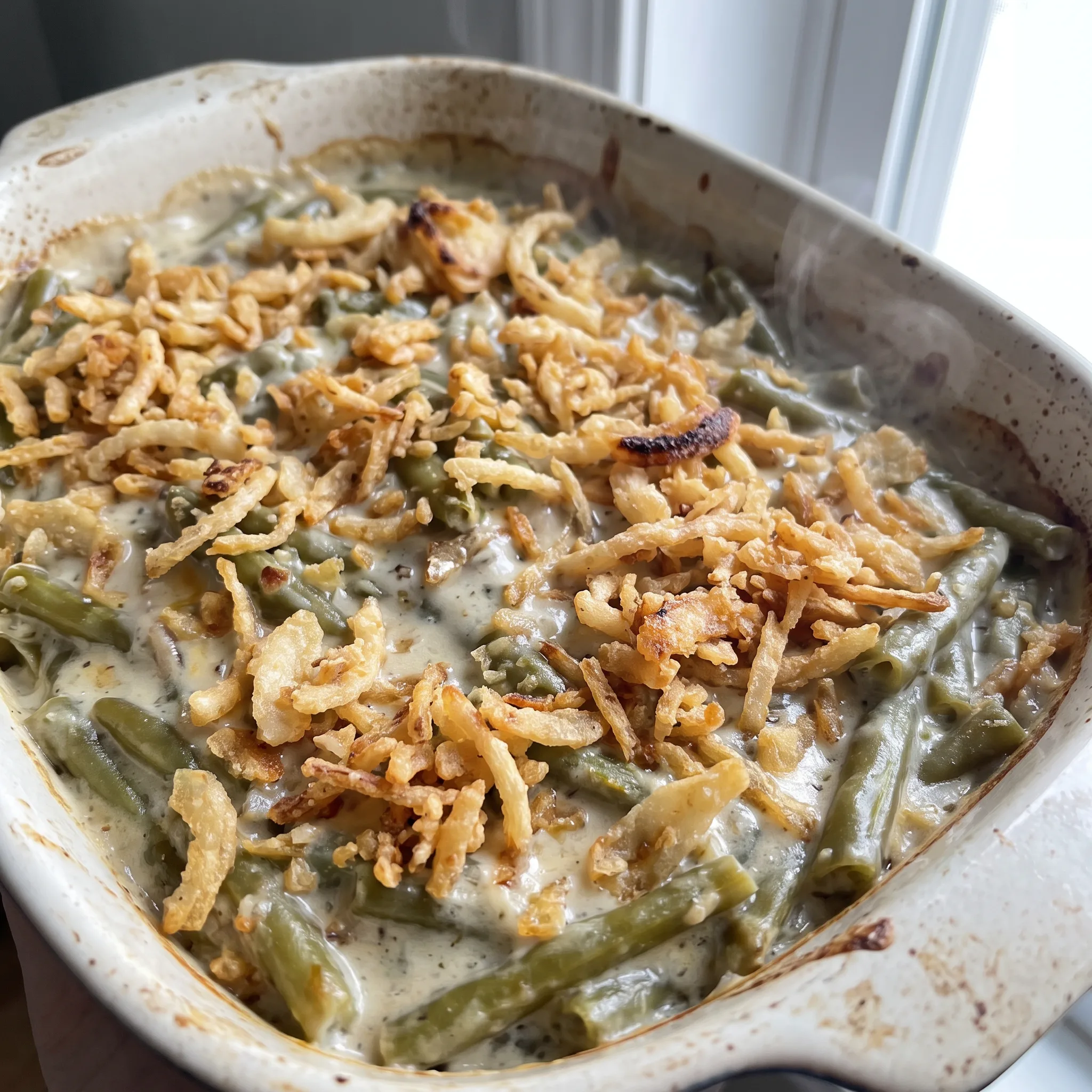 Green bean casserole with cream of mushroom soup, green beans, melted Parmesan and French fried onions.