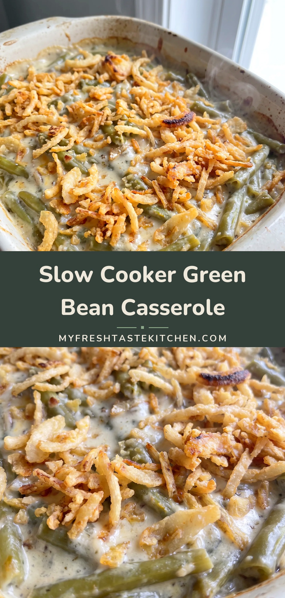 Green beans in creamy mushroom sauce topped with golden French fried onions and shredded Parmesan cheese.