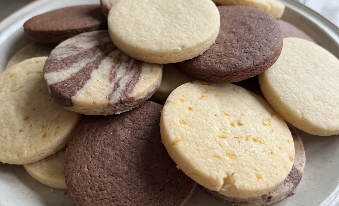 Round cut out sugar cookies with pale golden edges and smooth vanilla almond tops.
