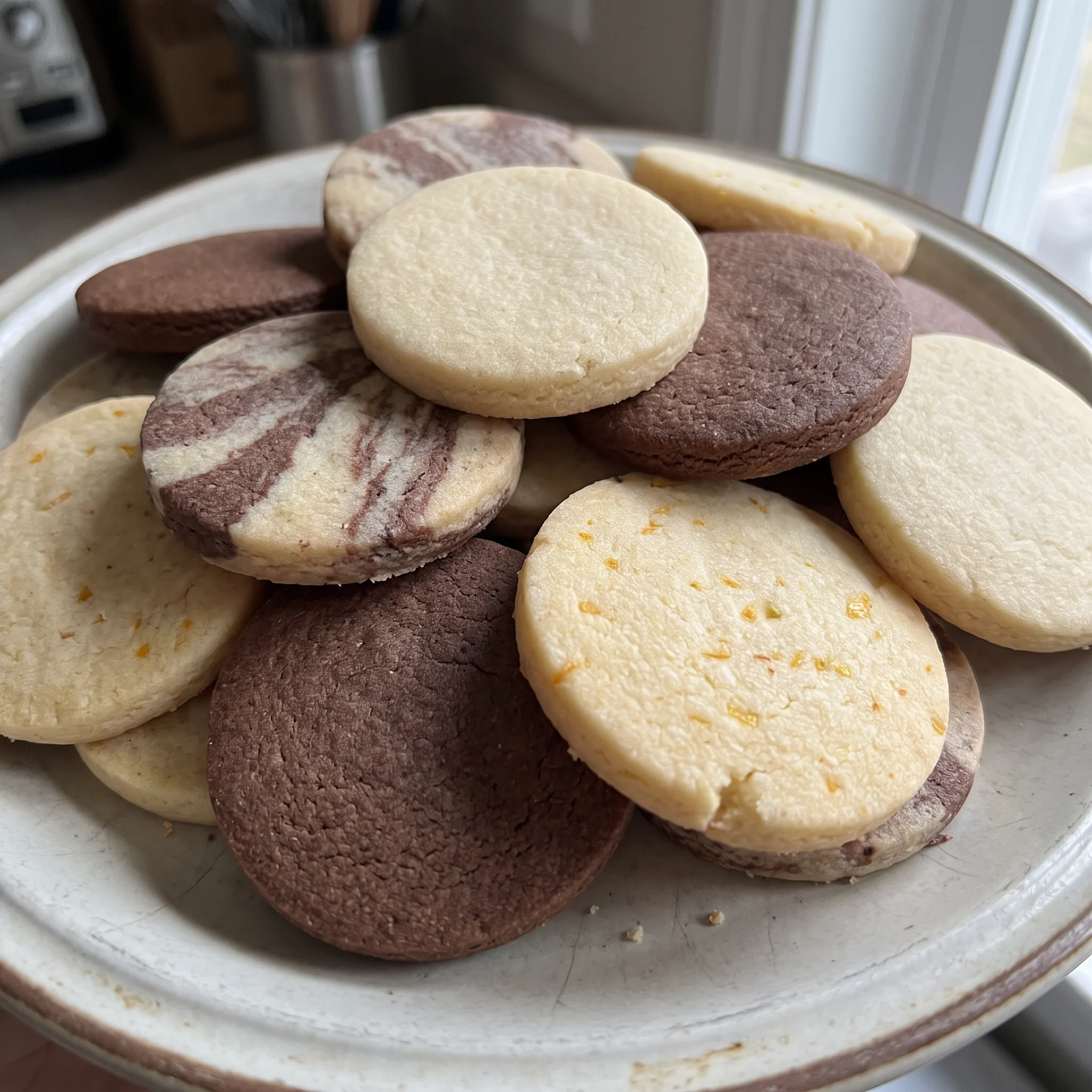 Round cut out sugar cookies with pale golden edges and smooth vanilla almond tops.