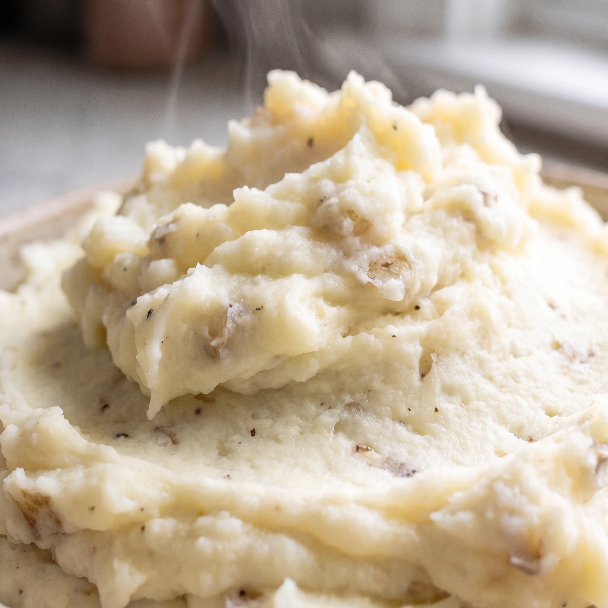 Fluffy mashed potatoes with a glossy sheen, dotted with melted butter and a splash of milk.