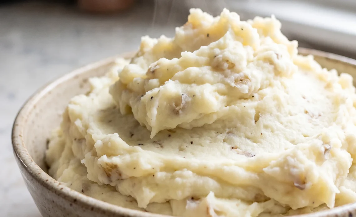 Mashed potatoes with a smooth, creamy texture, topped with melted butter and a swirl of milk.