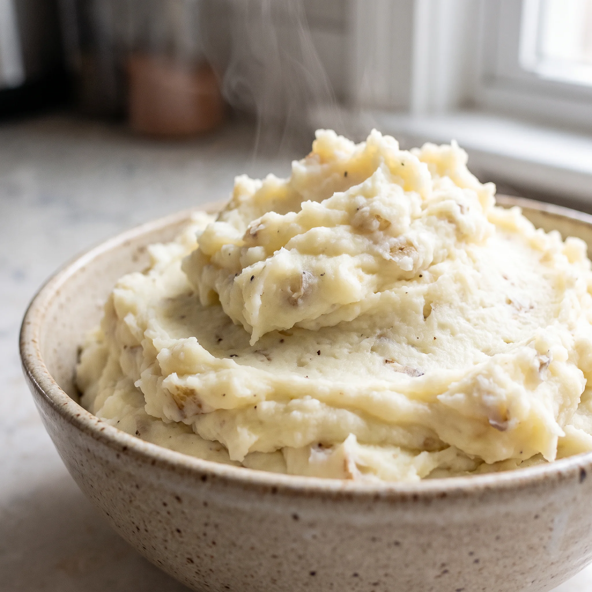 Mashed potatoes with a smooth, creamy texture, topped with melted butter and a swirl of milk.