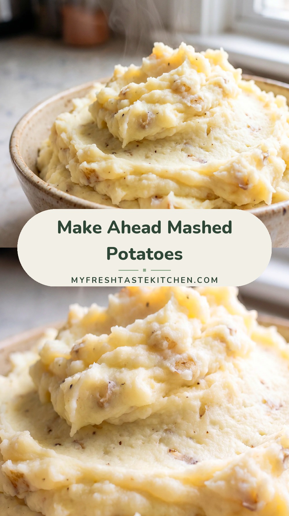 Fluffy white mashed potatoes with melted butter and milk, garnished with black pepper and chopped chives.